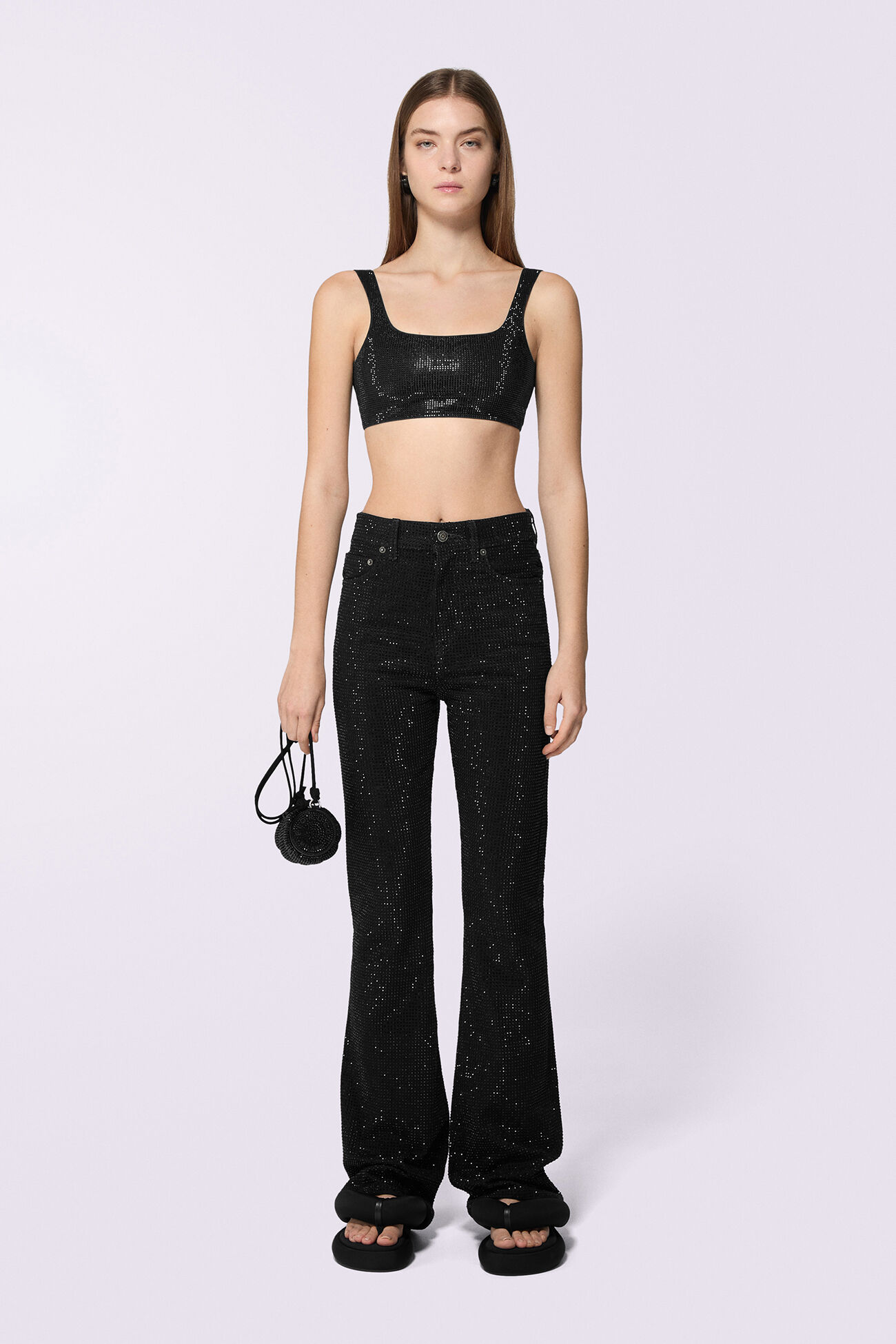 Unisex Rhinestone Flare Jeans Black
