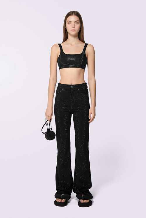 Unisex Rhinestone Flare Jeans Black