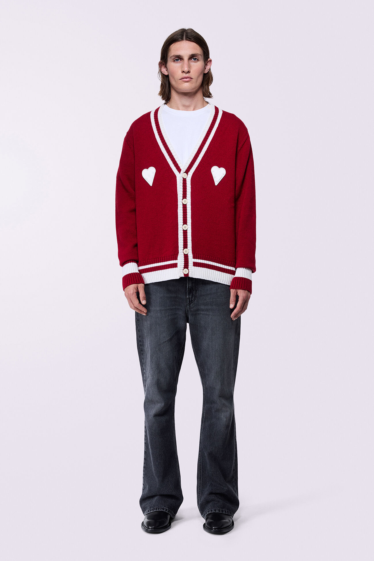 Unisex Heart Patch Knit Cardigan Red