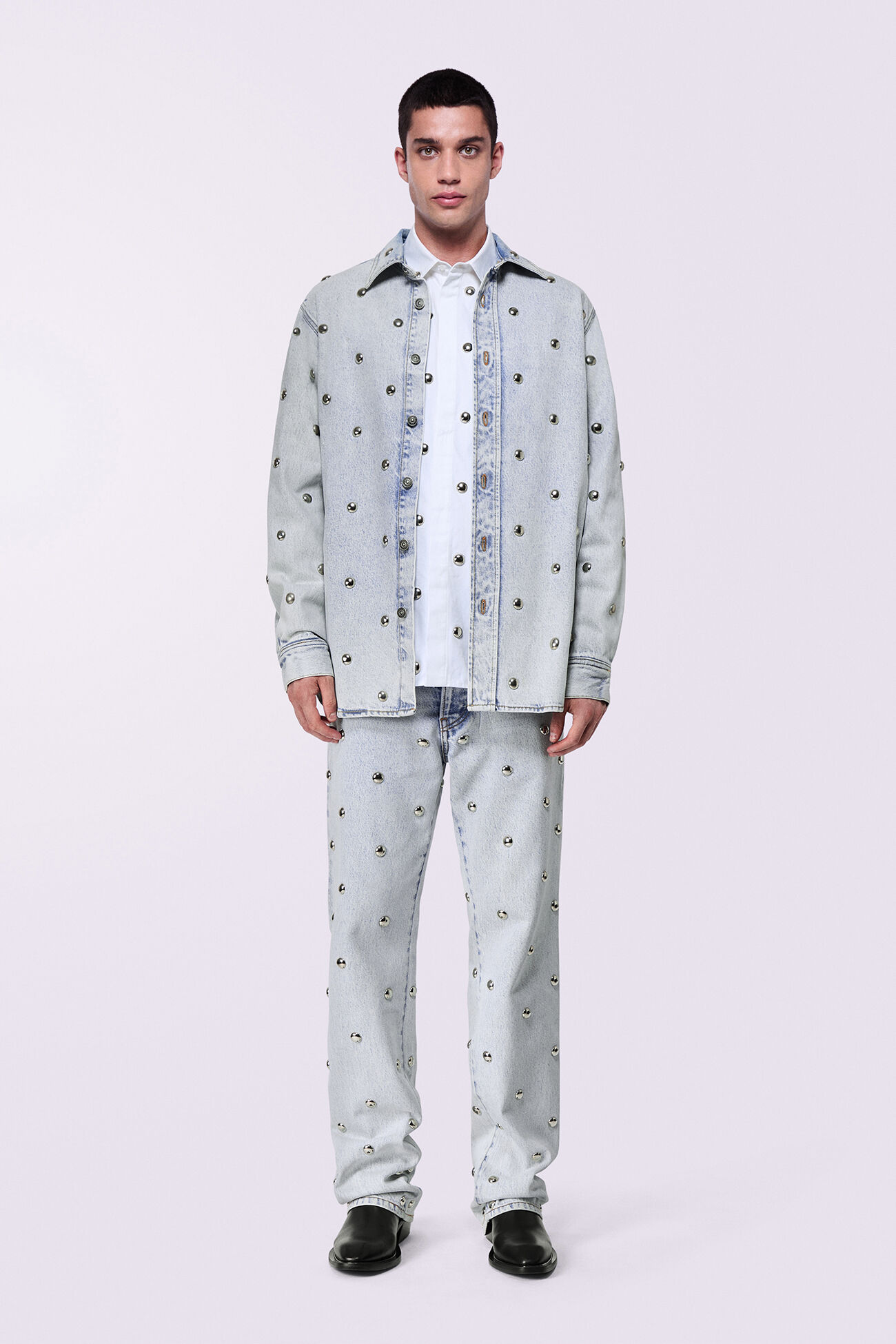 Unisex Stud Denim Overshirt Bleach Blue