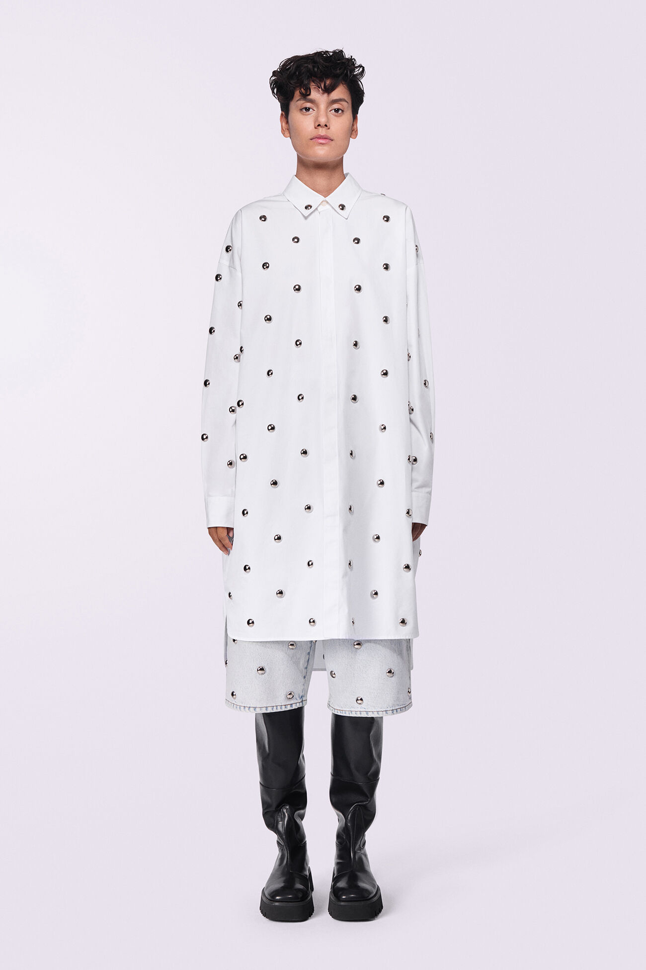 Stud Midi Shirt Dress White