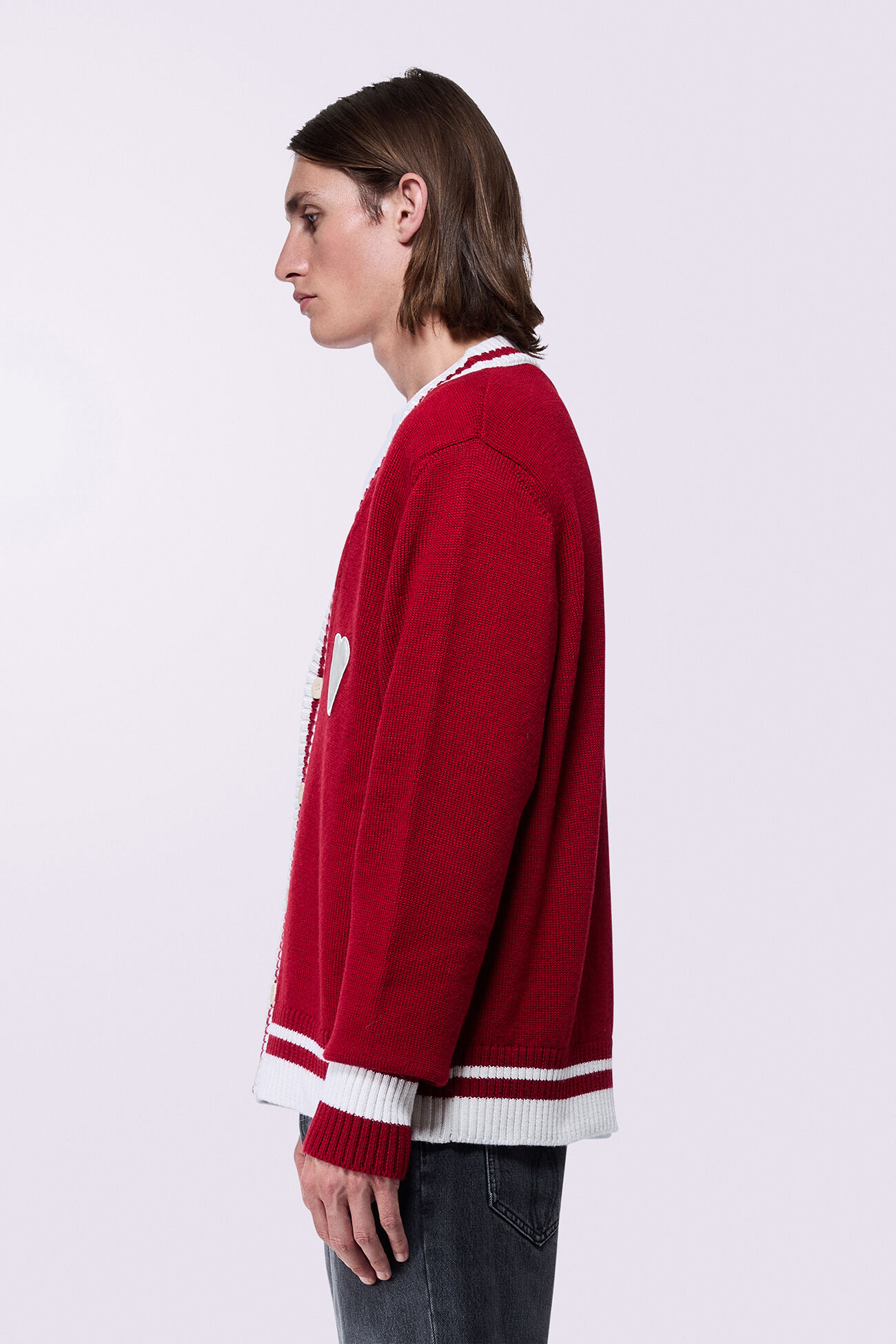 Unisex Heart Patch Knit Cardigan Red