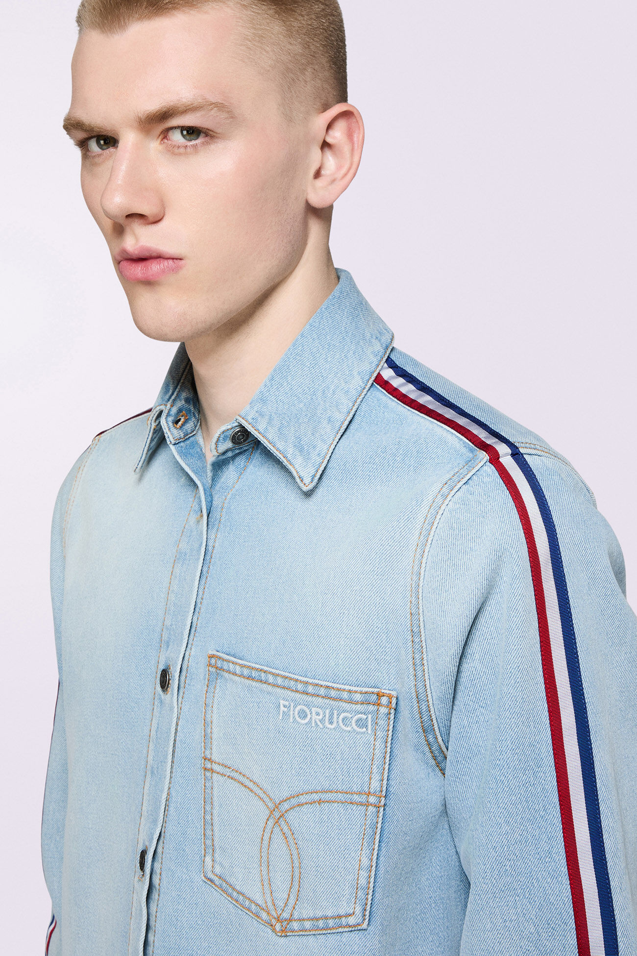 Tricolor Stripe Logo Denim Shirt Light Blue