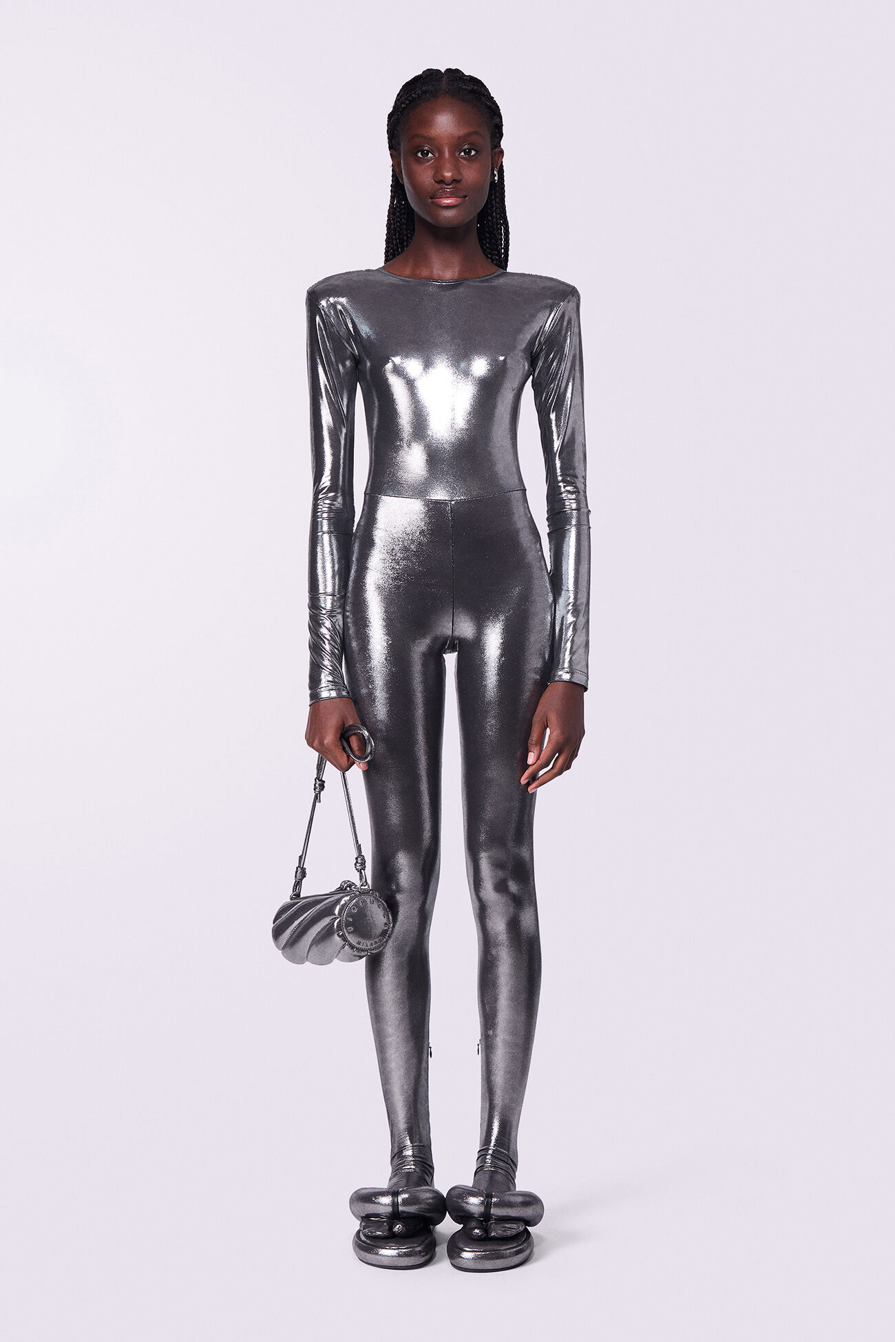 Metallic Footed Jumpsuit Silver