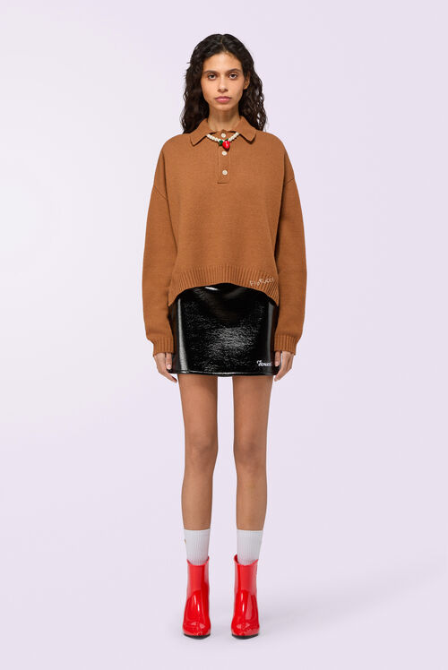 Embroidered Knit Polo Jumper Brown