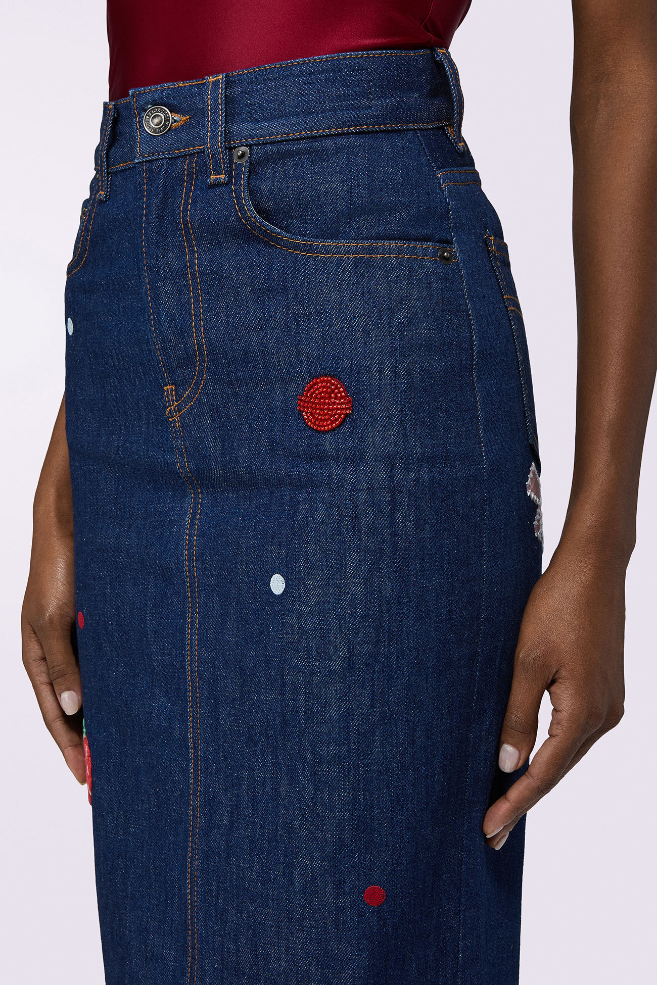 Dinosaur Denim Midi Skirt Rinse Wash