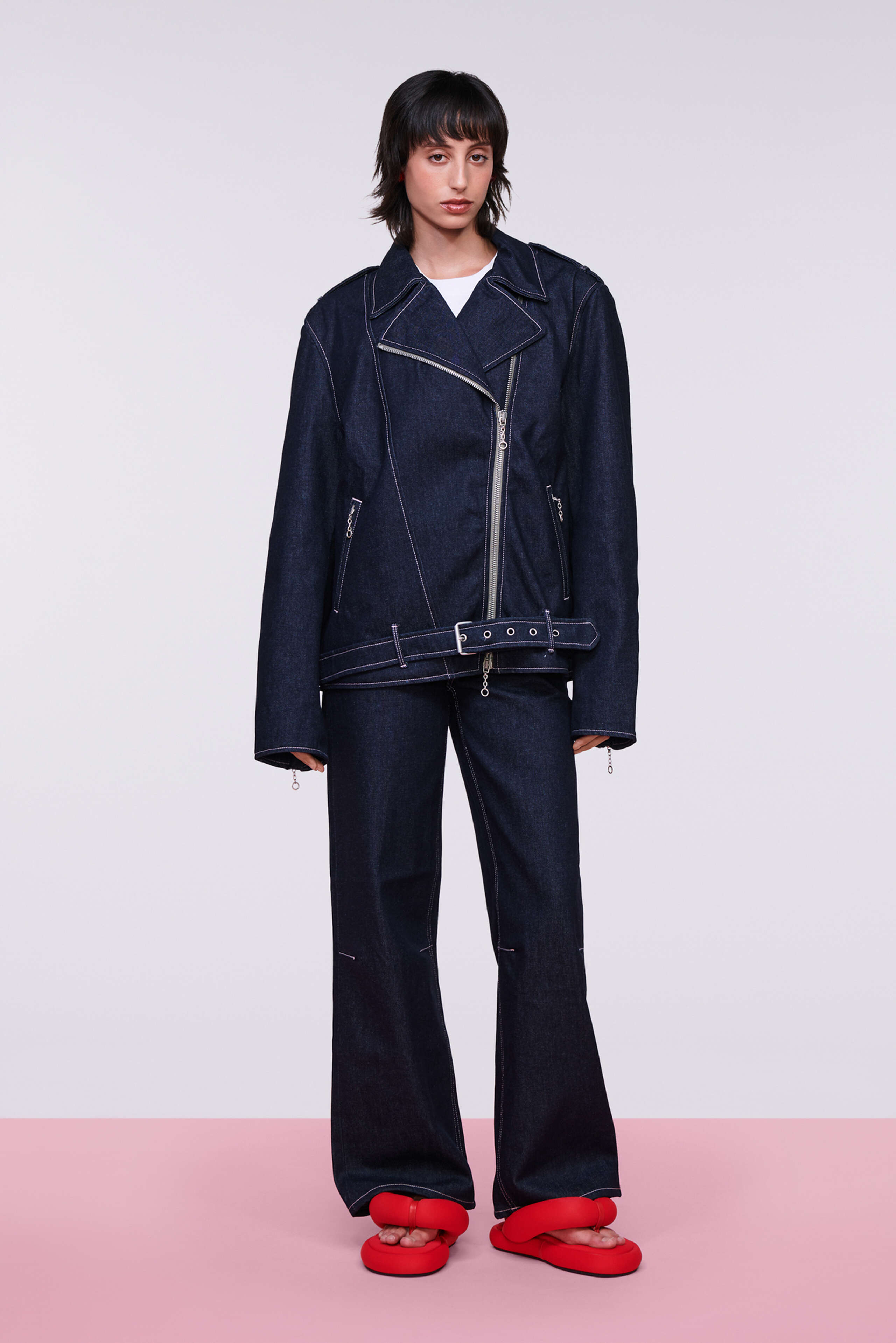 Fiorucci official online store unisex biker denim jacket dark blue