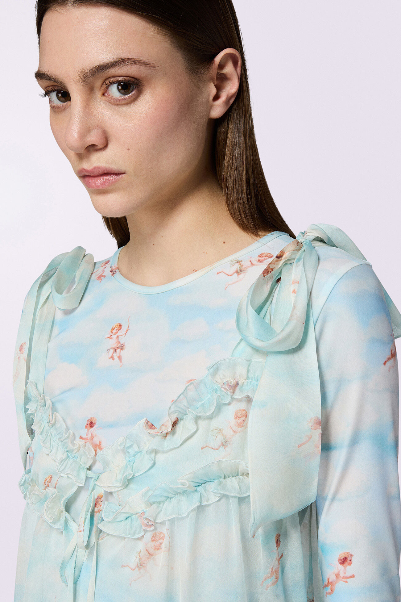 Beatitudo Print Silk Chiffon Mini Dress Blue