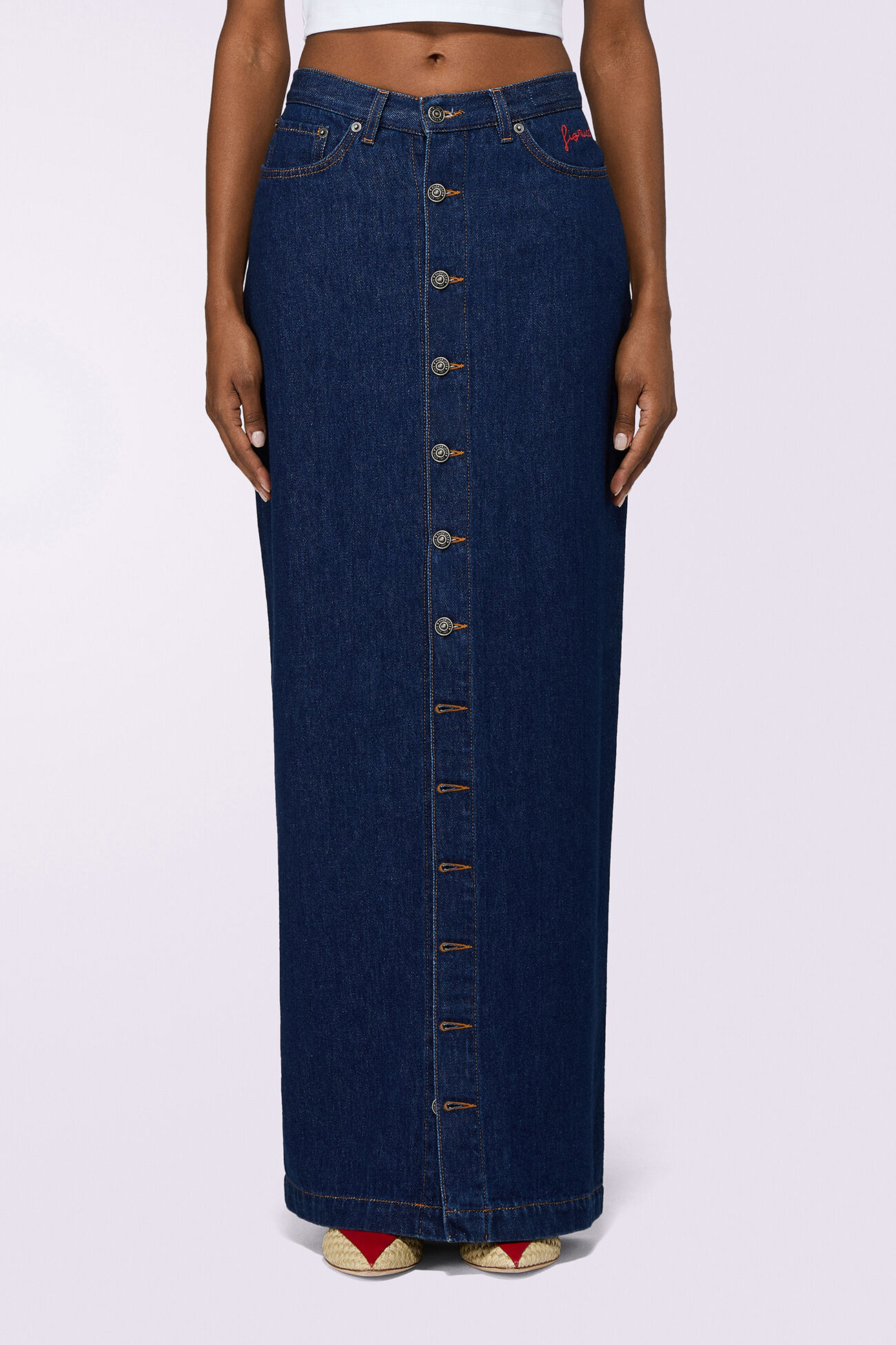 Embroidered Denim Maxi Skirt Deep Blue