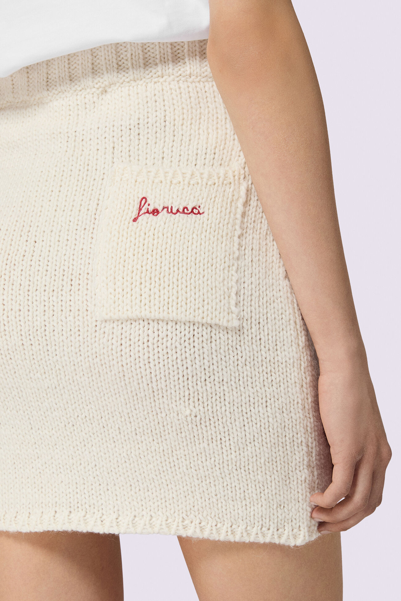 Embroidered Knit Mini Skirt Cream