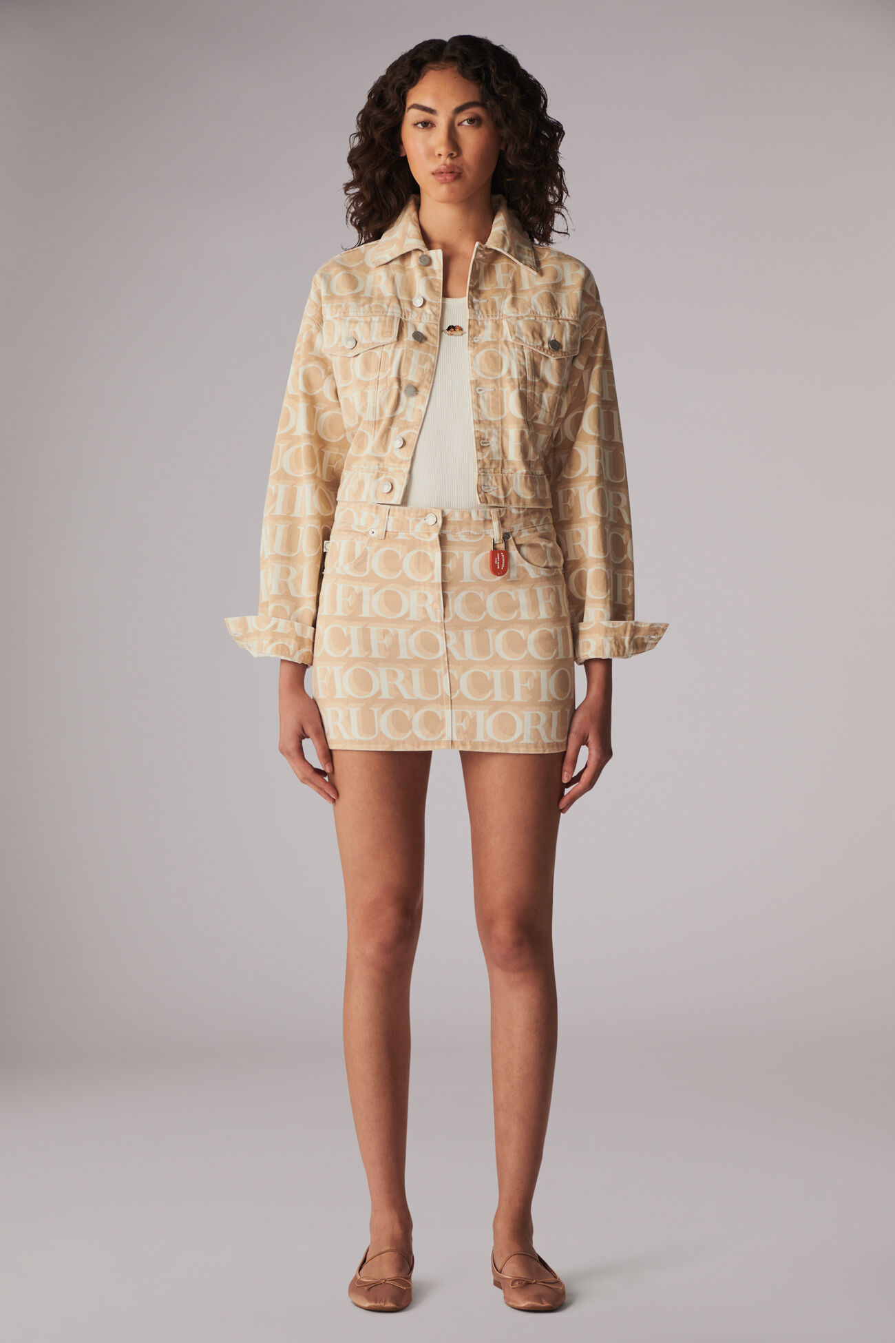 Laser Monogram Denim Mini Skirt Cream