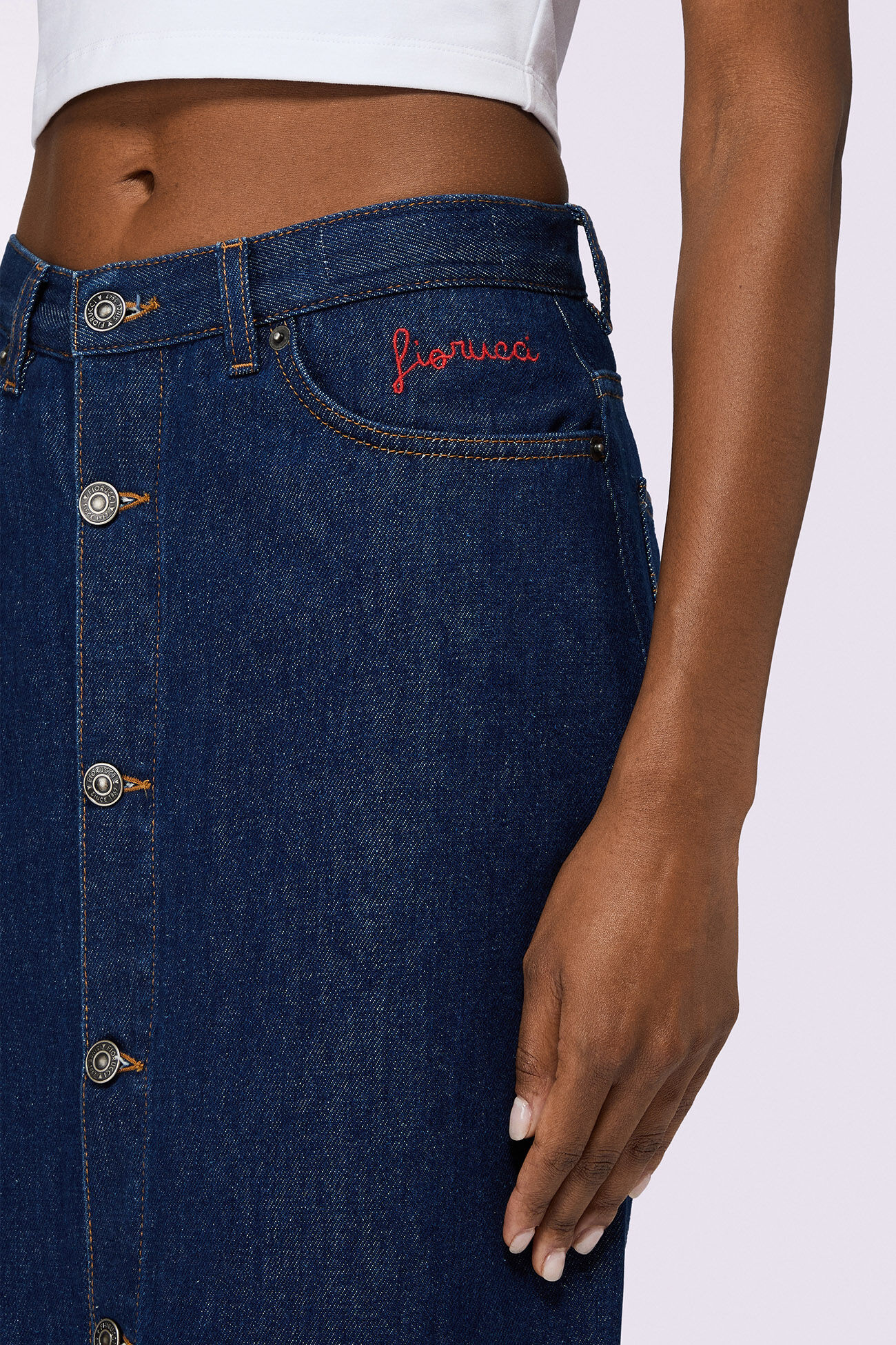 Embroidered Denim Maxi Skirt Deep Blue