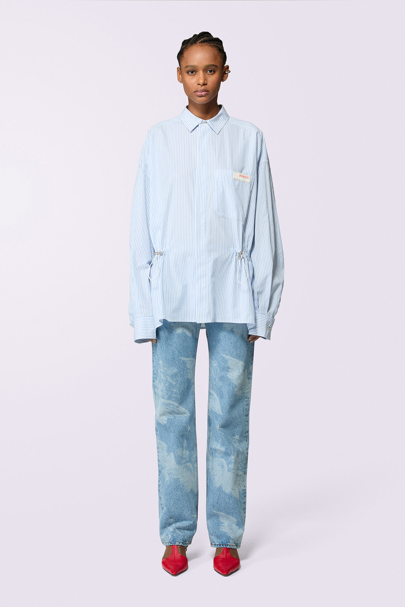 Unisex Label Patch Stripe Shirt Blue