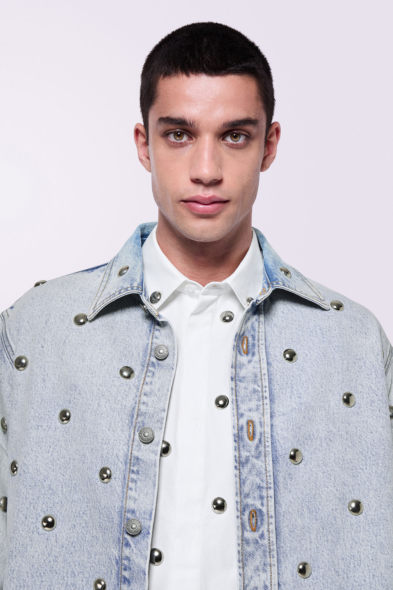 Unisex Stud Denim Overshirt Bleach Blue