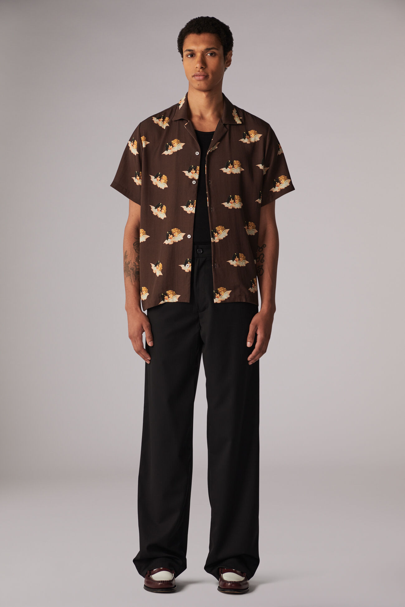 All Over Angels Bowling Shirt Brown