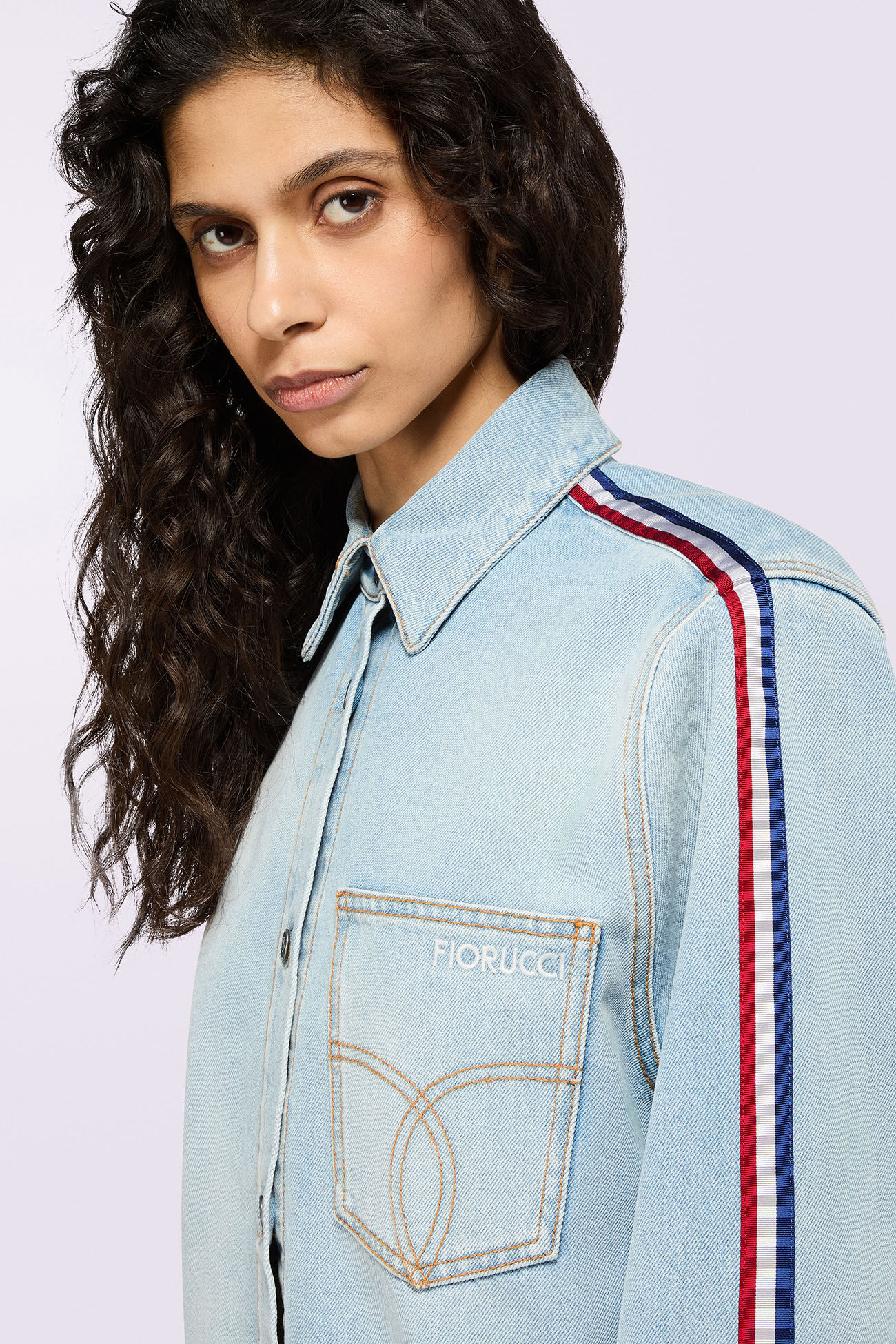 Tricolor Stripe Logo Denim Shirt Light Blue