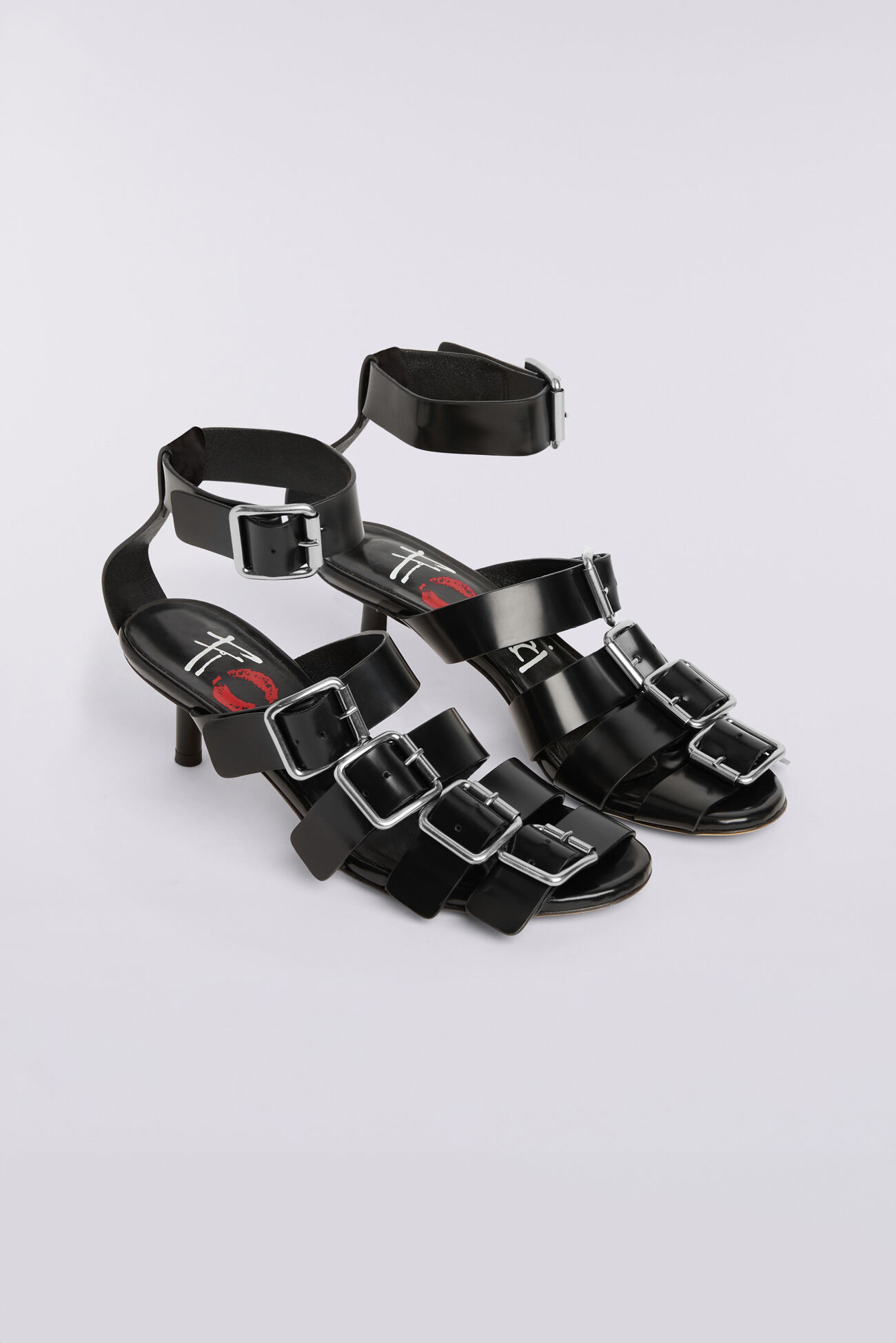 Leather Buckle Strap Heels Black
