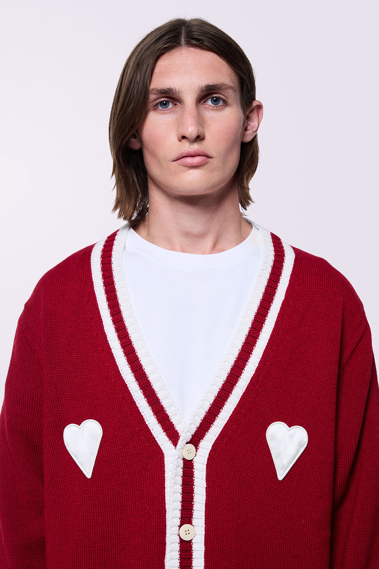 Unisex Heart Patch Knit Cardigan Red