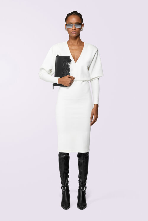 Puff Sleeve Jersey Midi Dress White