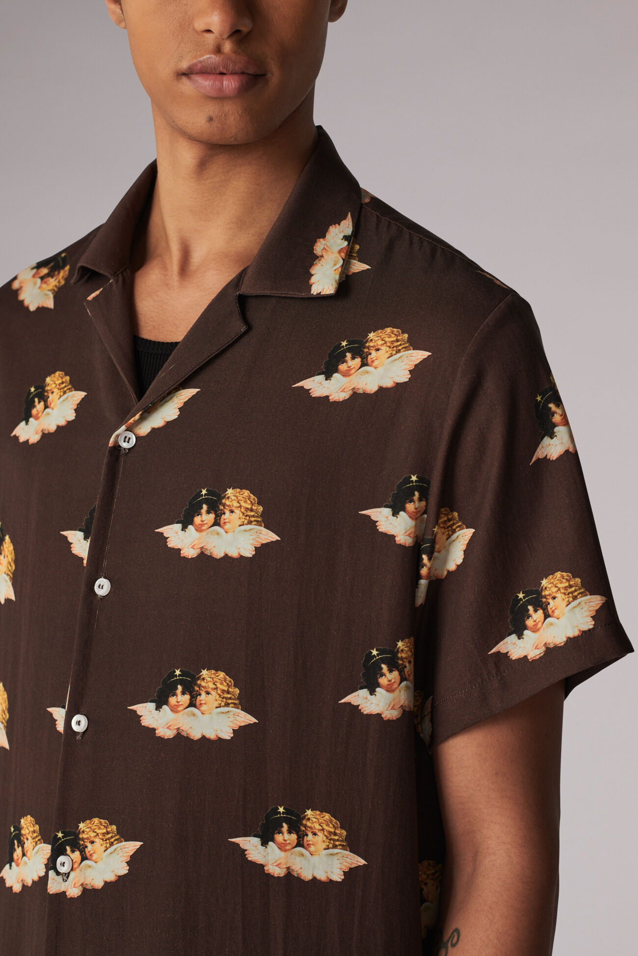 All Over Angels Bowling Shirt Brown