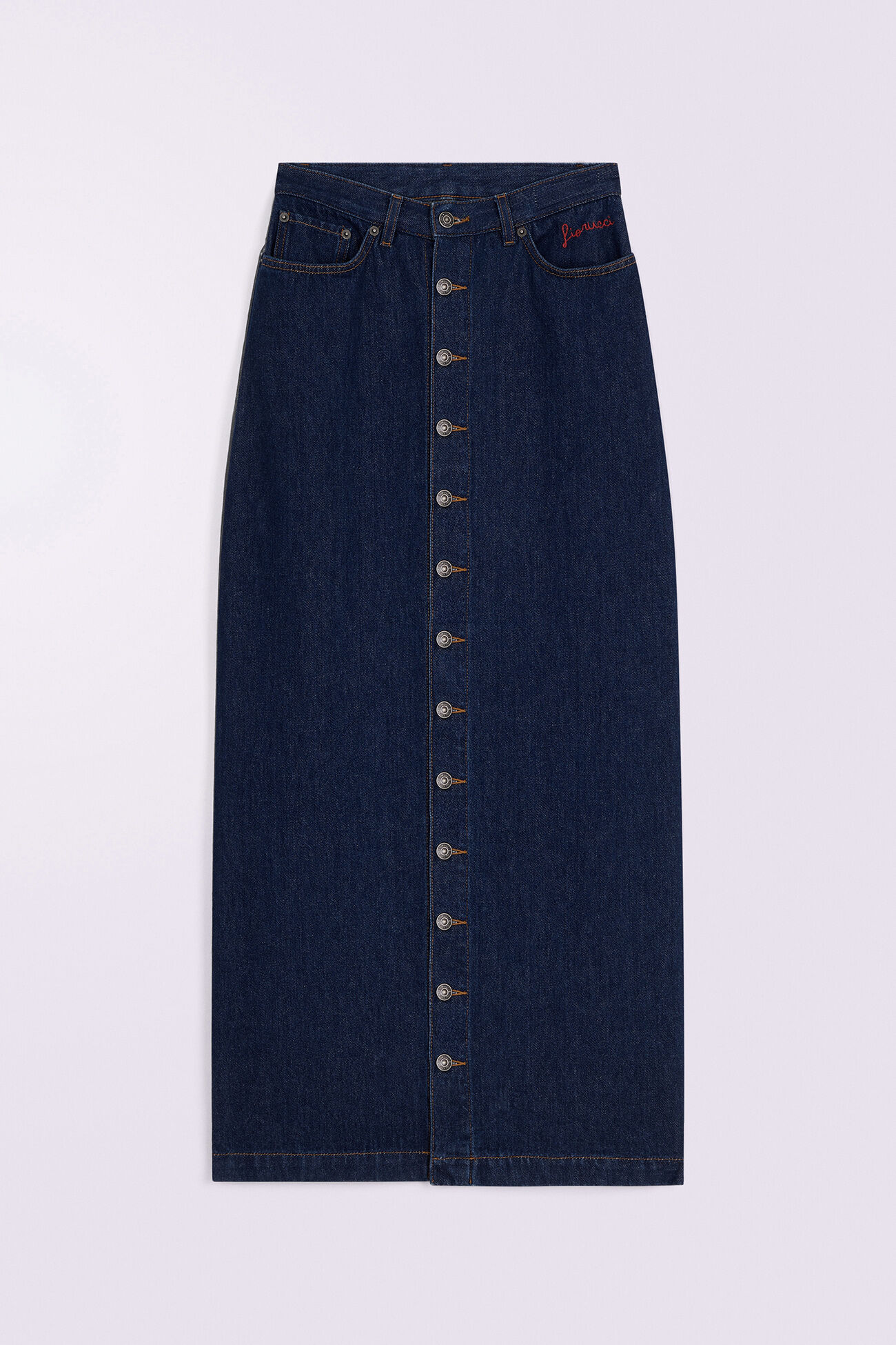 Embroidered Denim Maxi Skirt Deep Blue