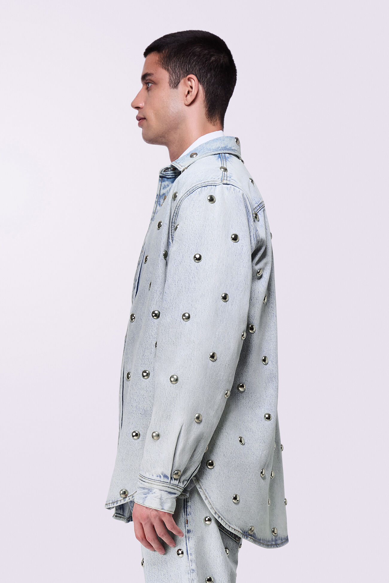 Unisex Stud Denim Overshirt Bleach Blue