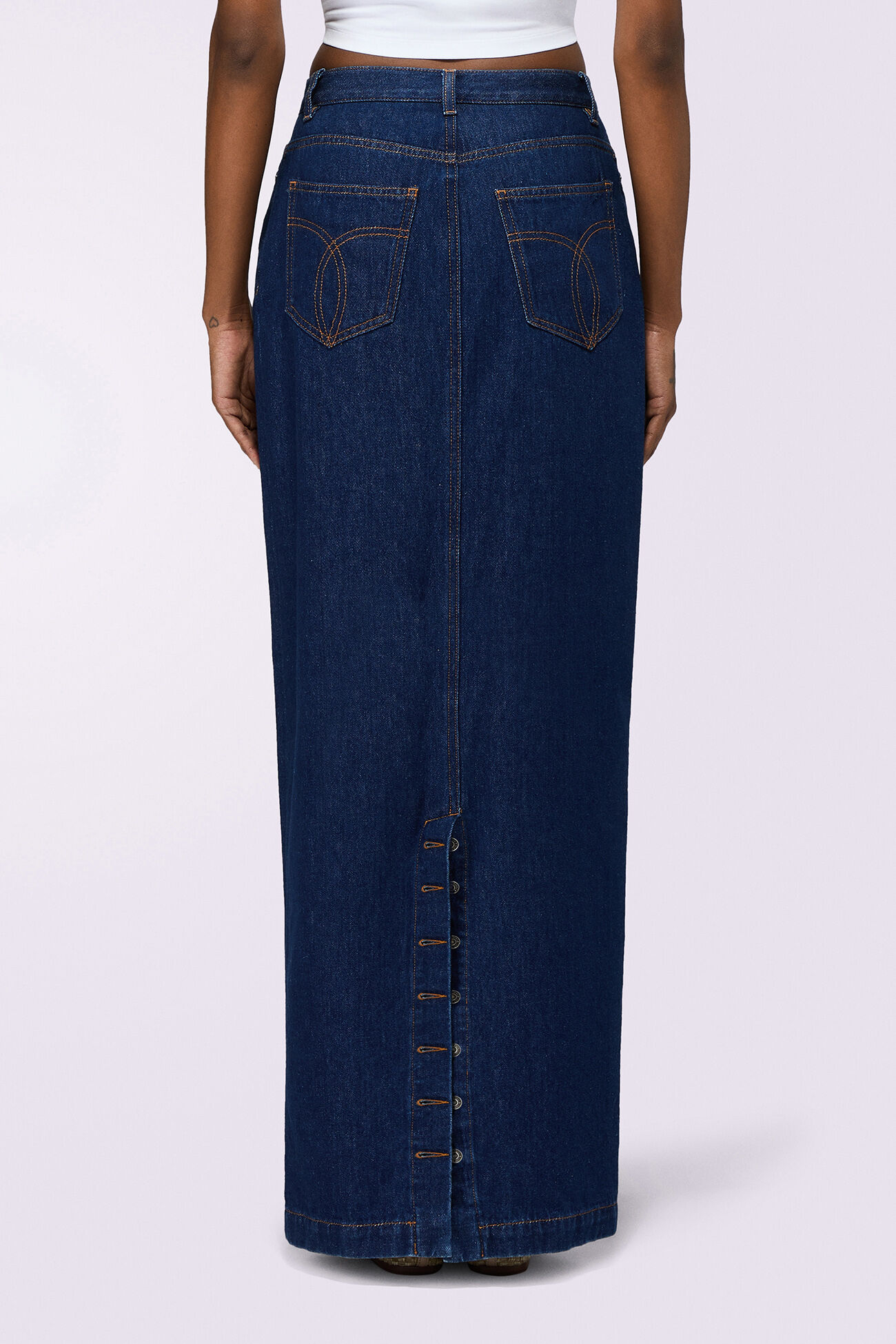 Embroidered Denim Maxi Skirt Deep Blue