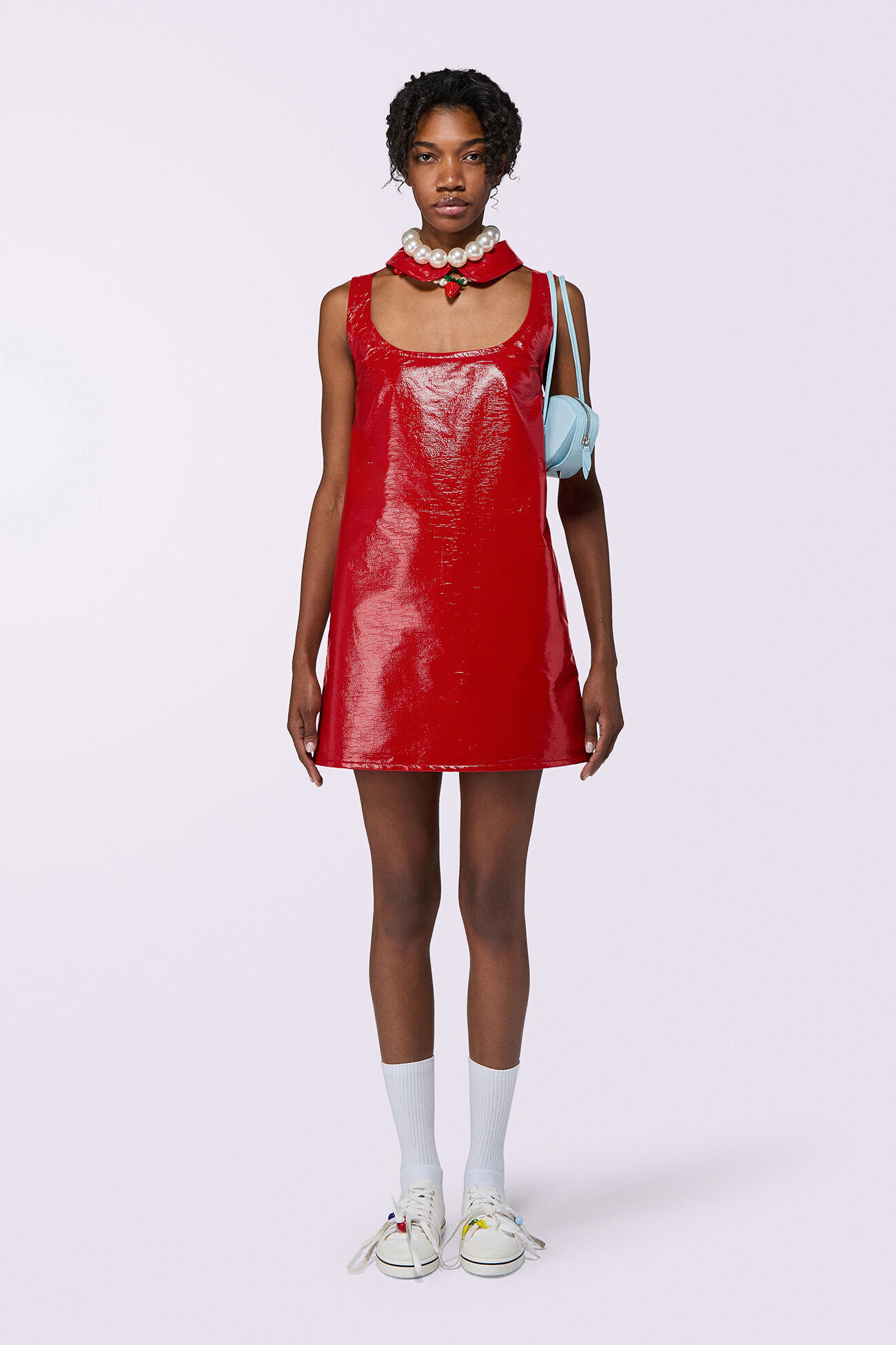Collar Cutout Vinyl Mini Dress Red