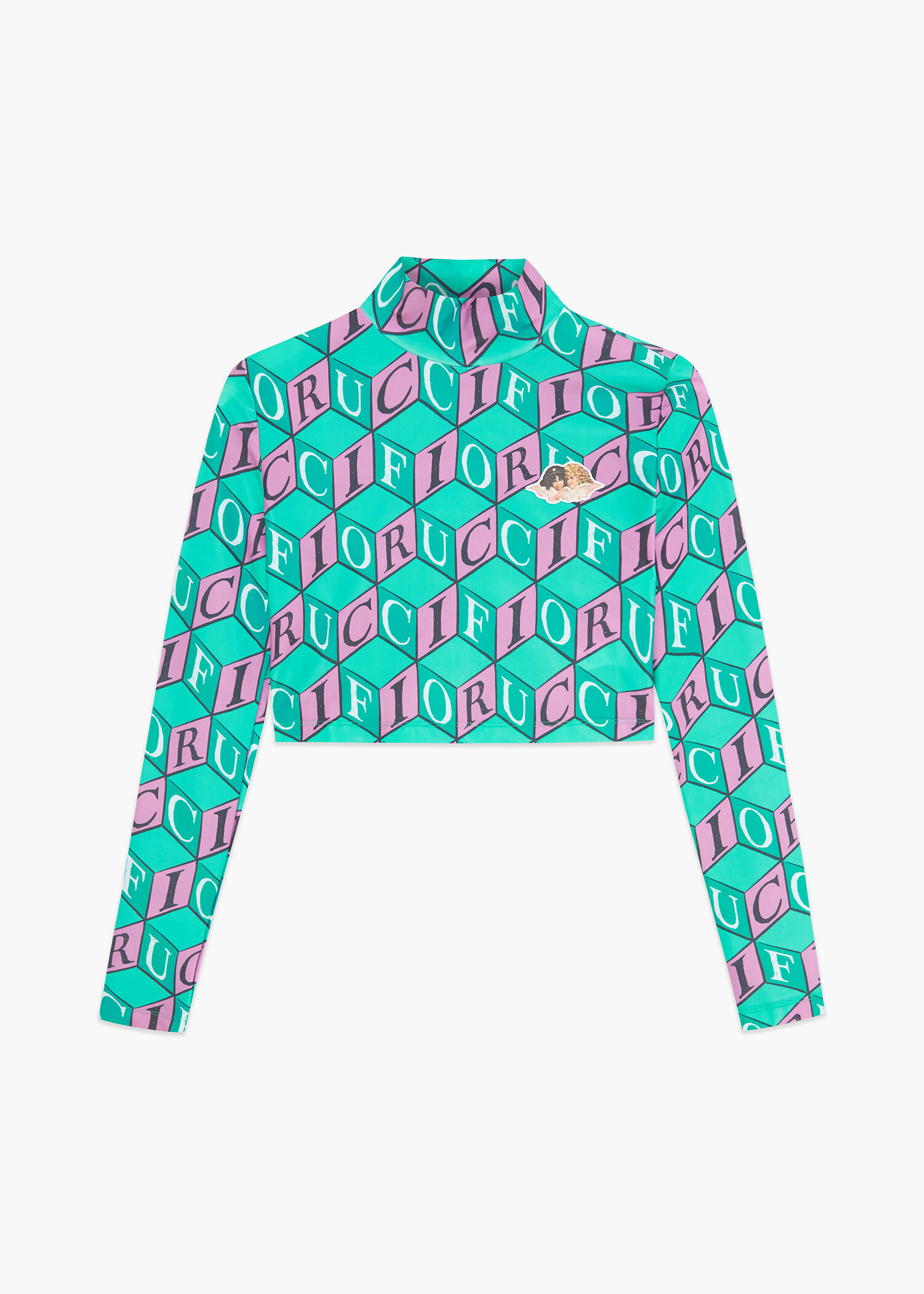 Cubic Monogram Long Sleeve Turtle Neck Crop Top Turquoise