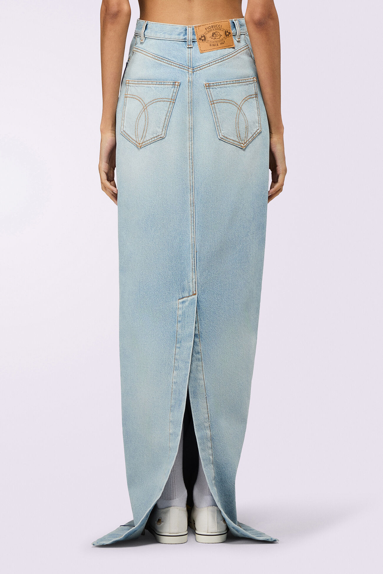 Tricolor Stripe Denim Maxi Skirt Light Blue