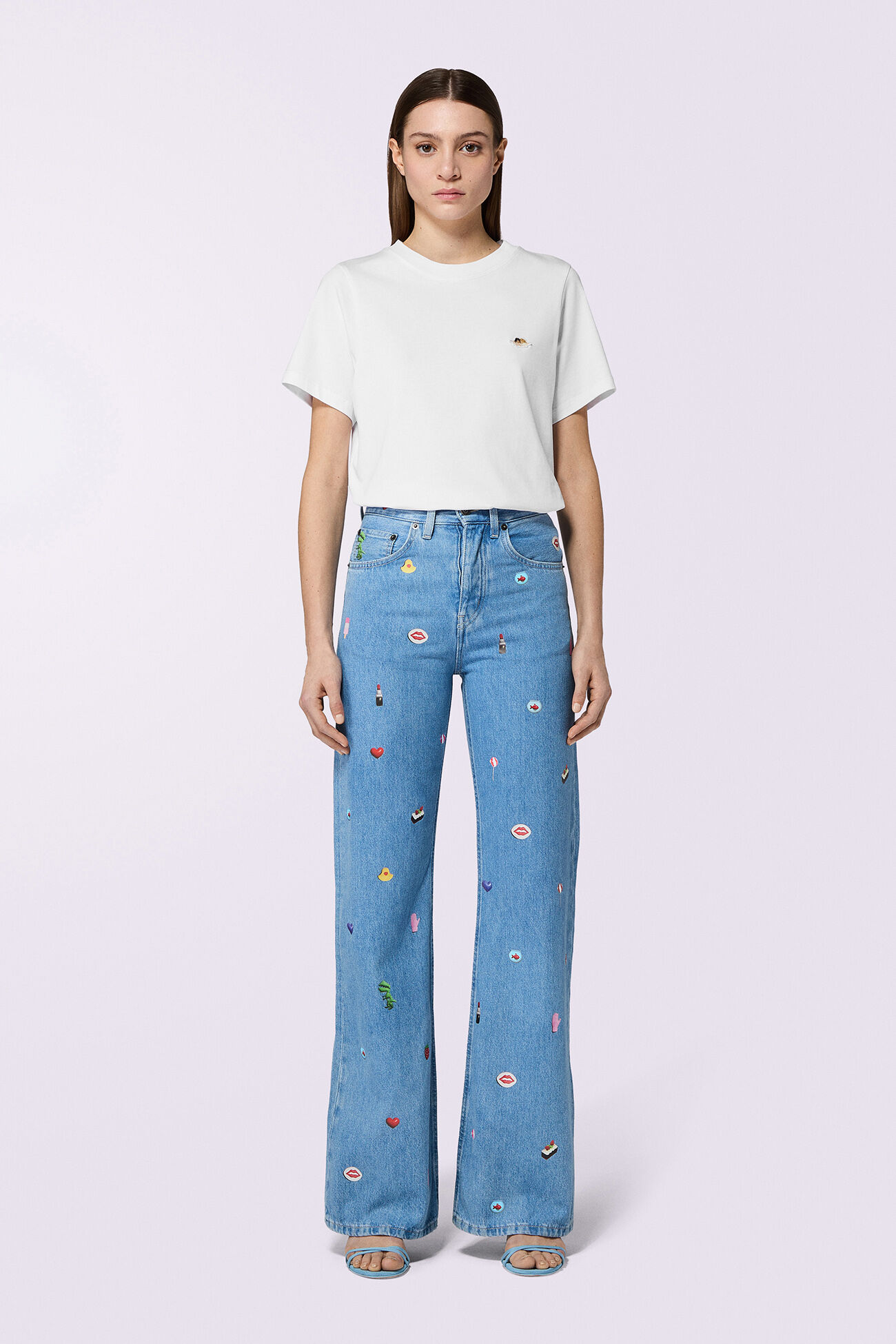 Charm Print Wide Leg Jeans Baby Blue