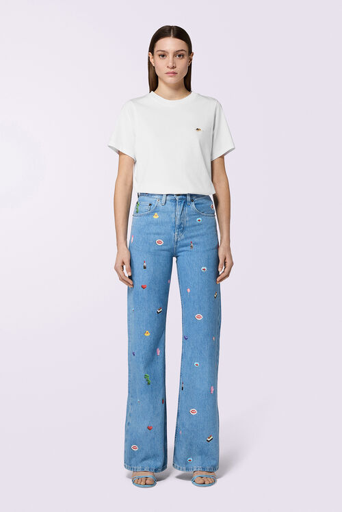 Charm Print Wide Leg Jeans Baby Blue