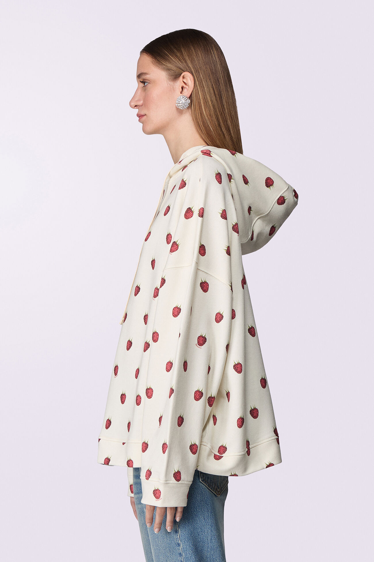 Unisex Raspberry Print Hoodie Cream