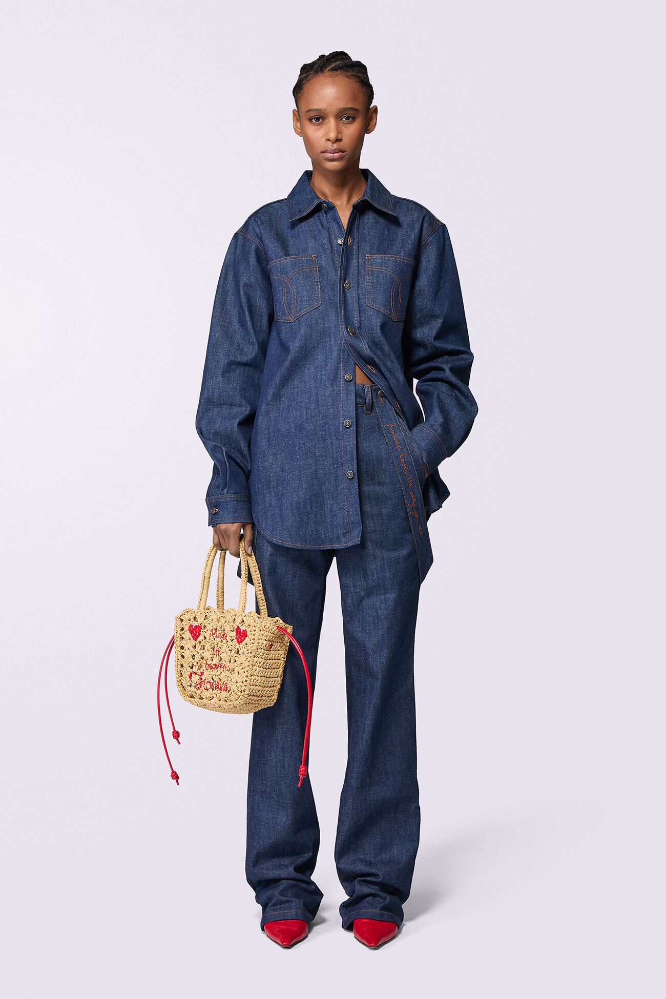 Embroidered Suspender Jeans Rinse Wash
