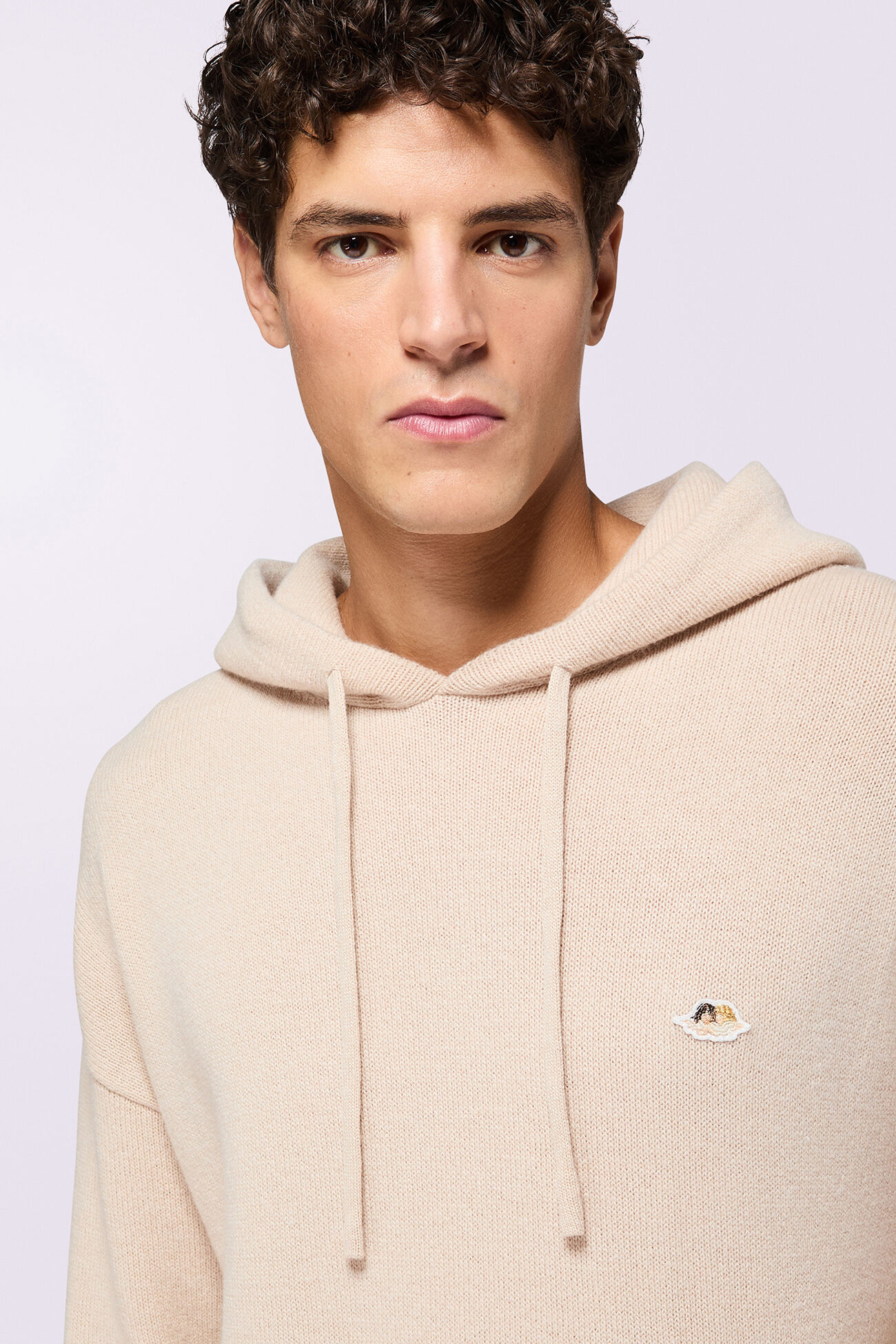 Angels Patch Knit Hoodie Beige