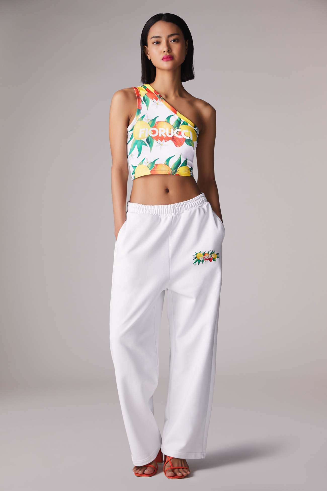 Fruity Print One Shoulder Crop Top White
