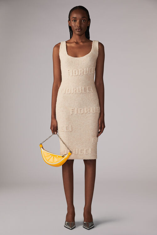 Embossed Logo Knit Midi Dress Cream