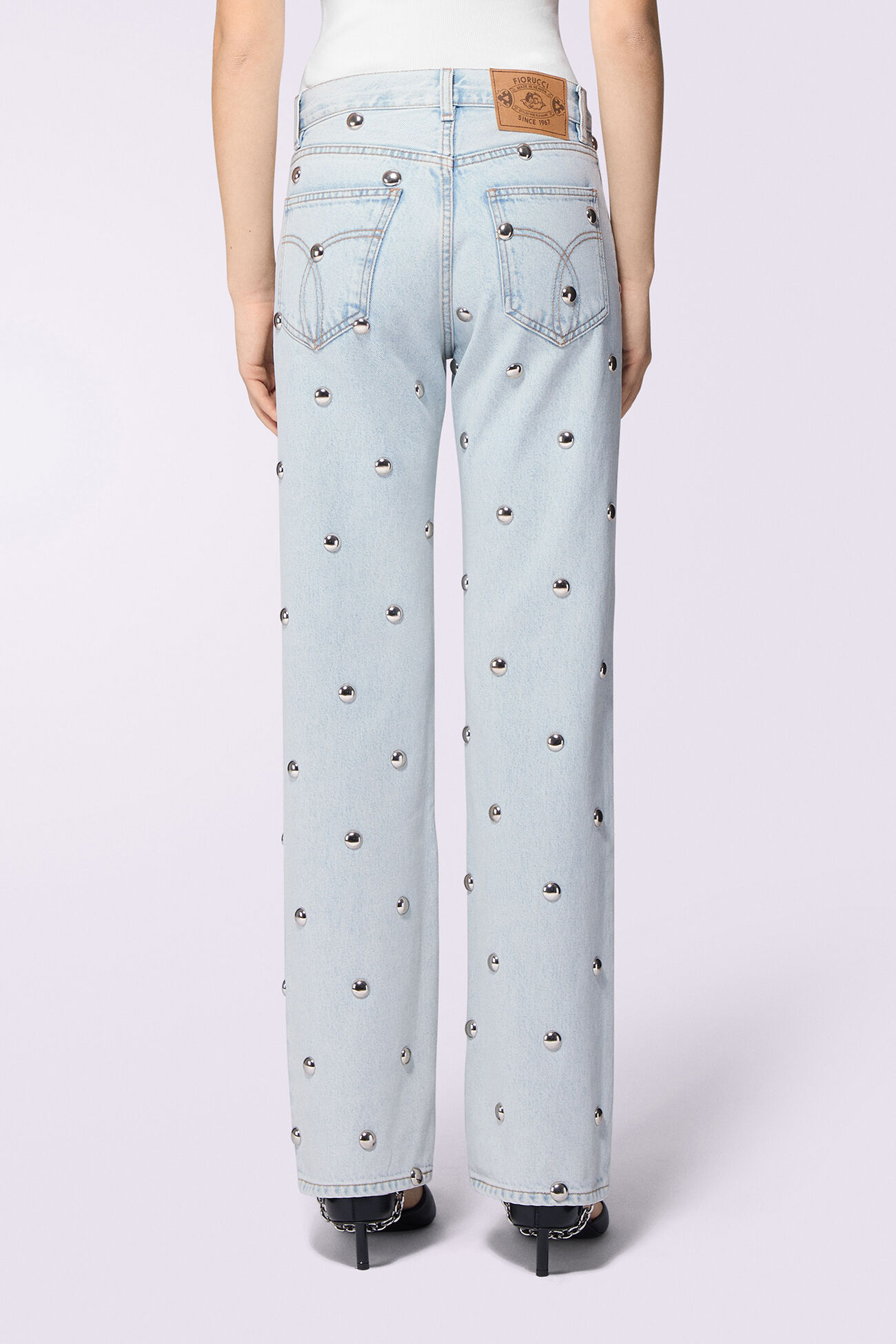 Unisex Stud Straight Fit Jeans Bleach Blue
