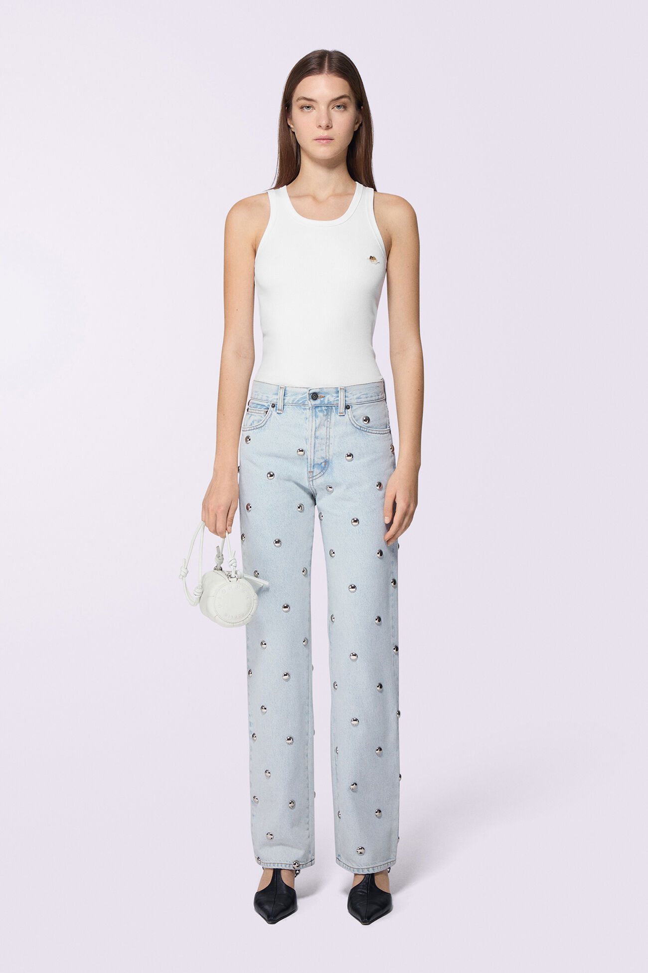 Unisex Stud Straight Fit Jeans Bleach Blue