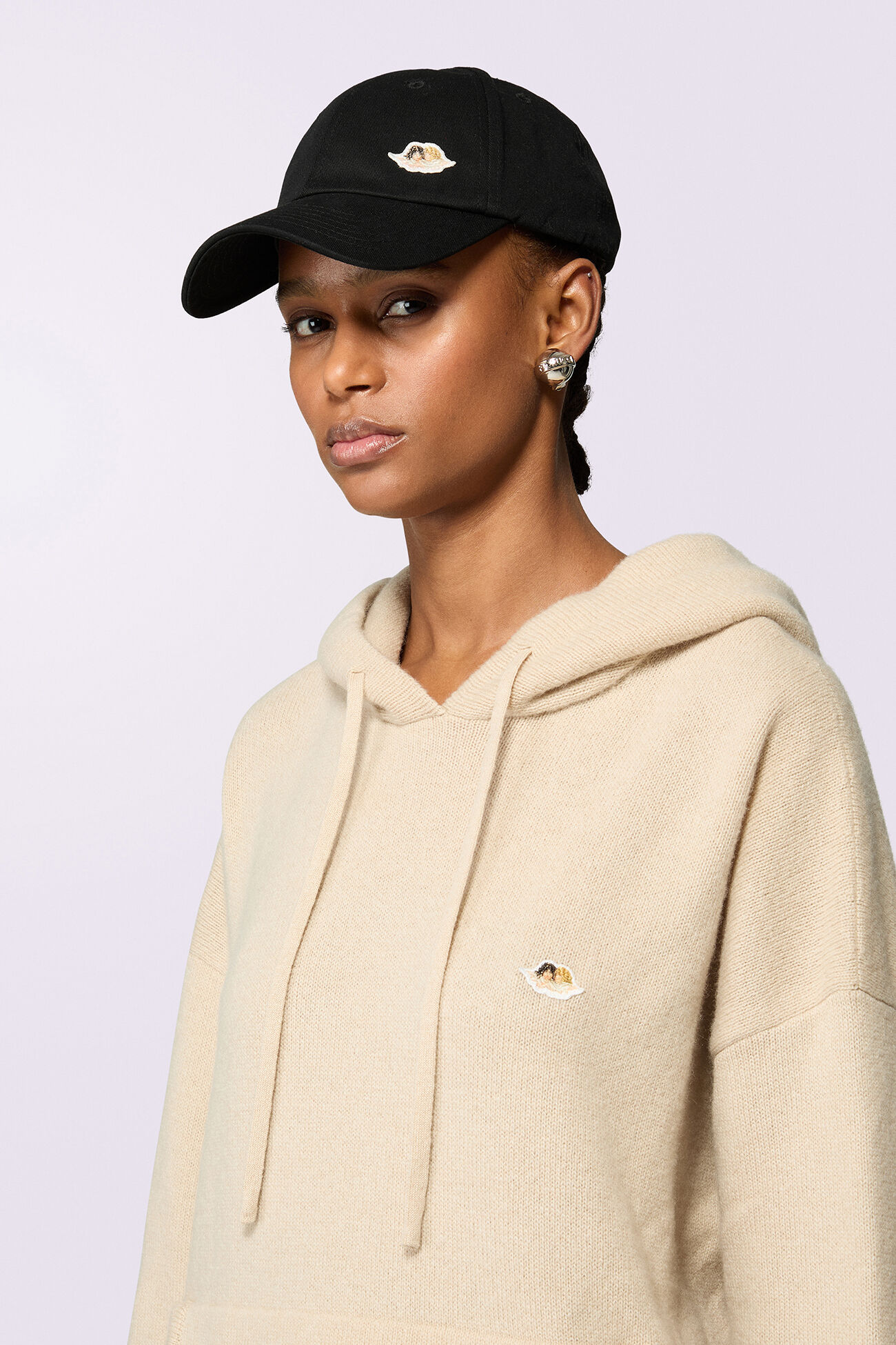 Angels Patch Knit Hoodie Beige