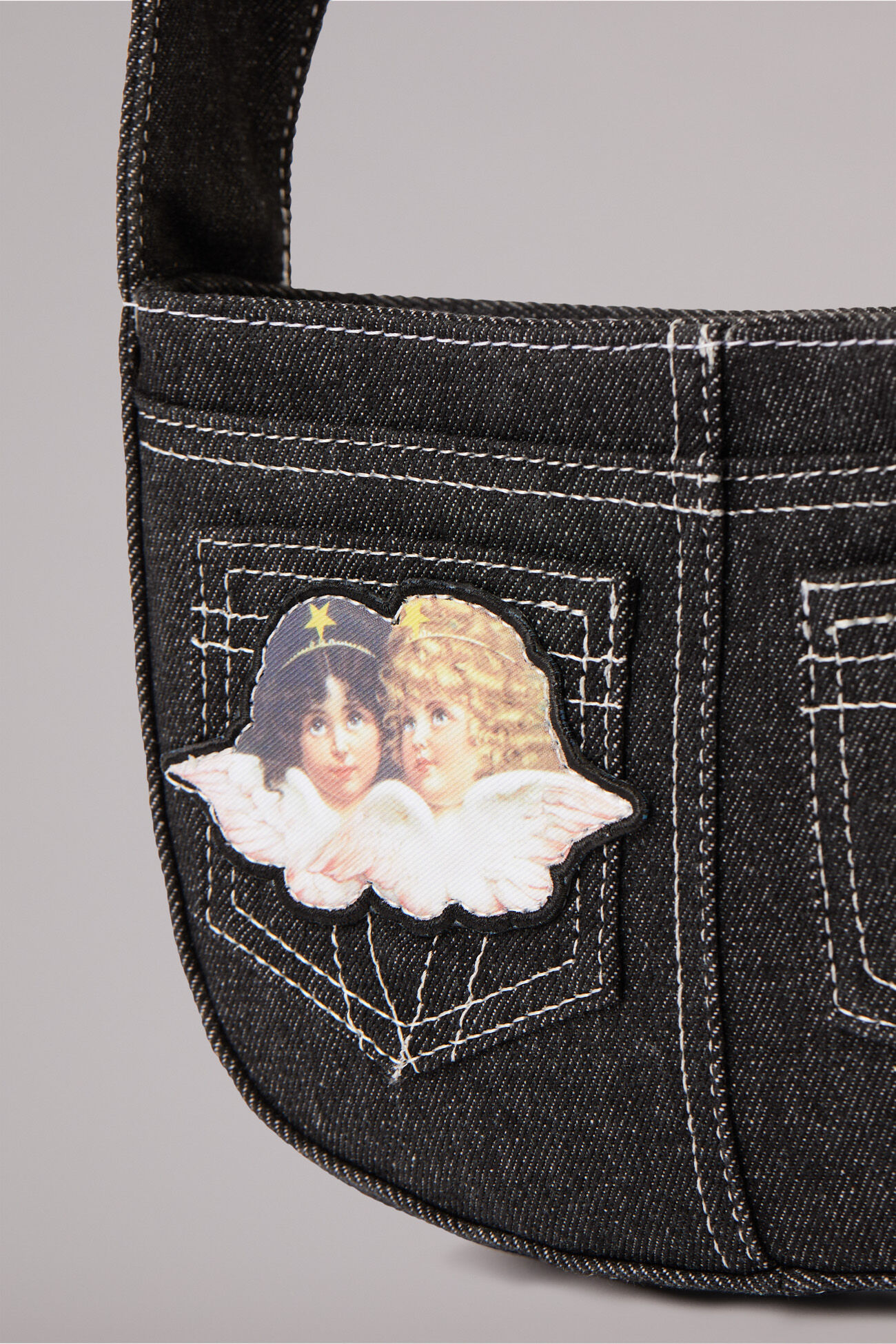 Angels Patch Denim Shoulder Bag Black