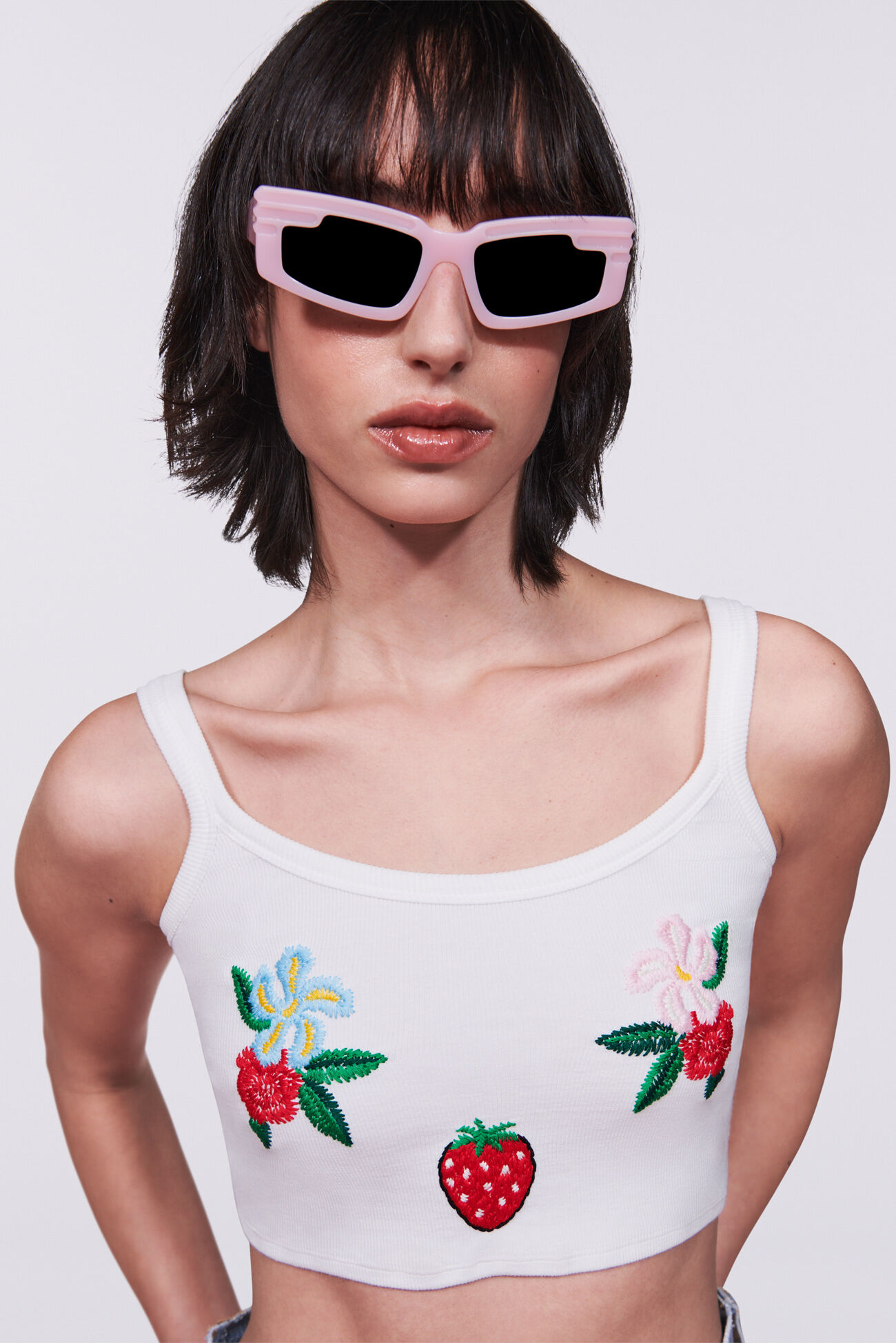 Embroidered Crop Tank Top White