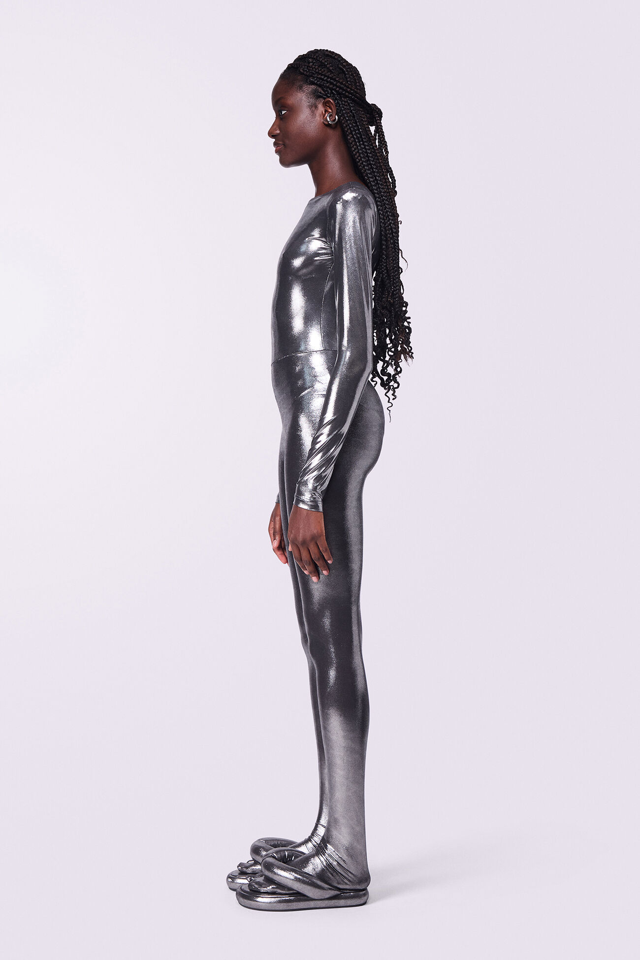 Metallic Footed Jumpsuit Silver