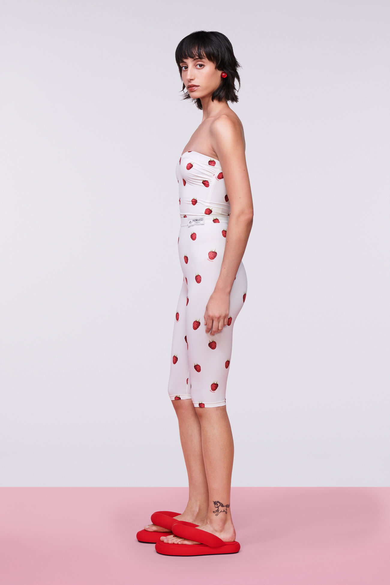 Raspberry Print Biker Shorts White