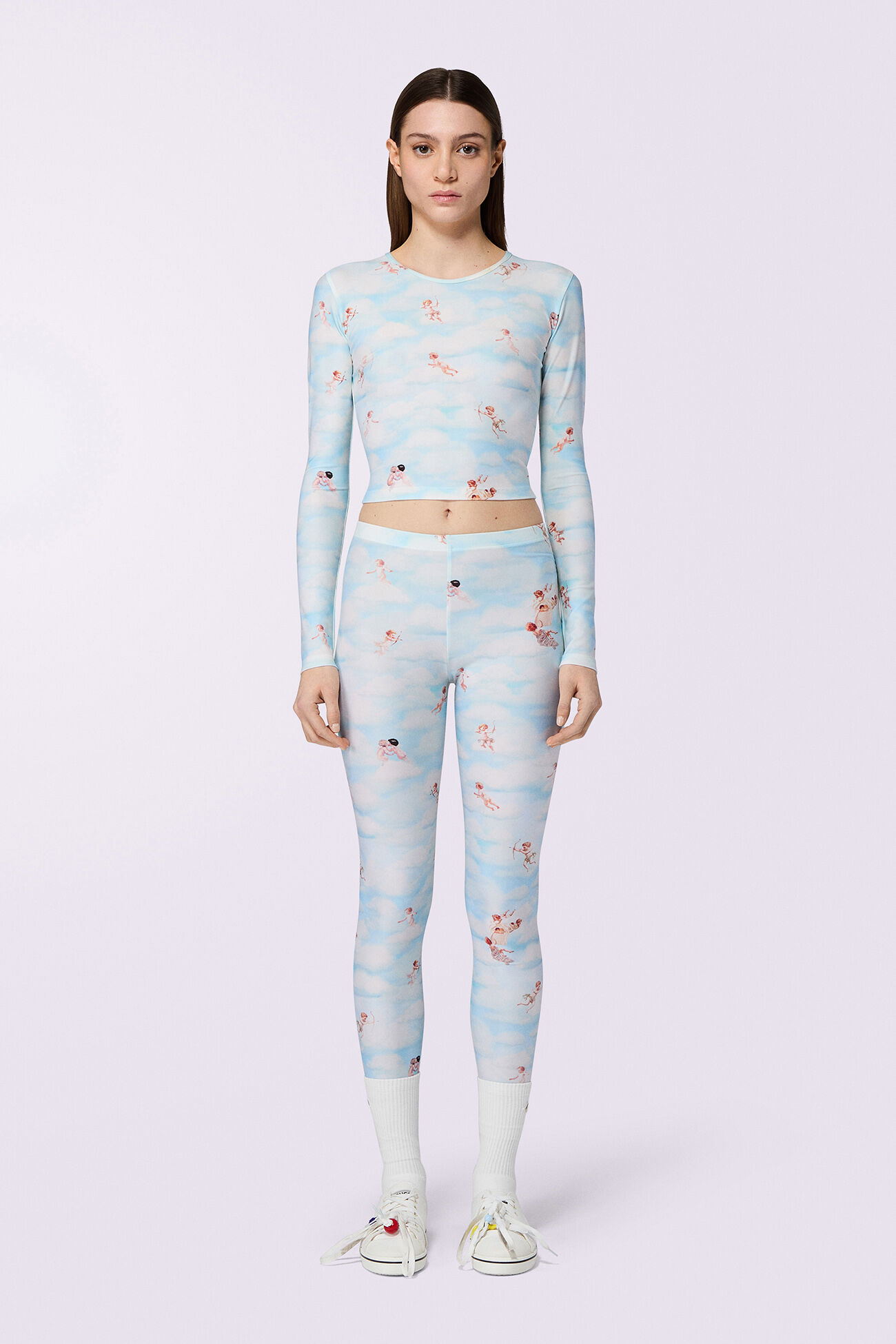 Beatitudo Print Long Sleeve Crop Top Blue