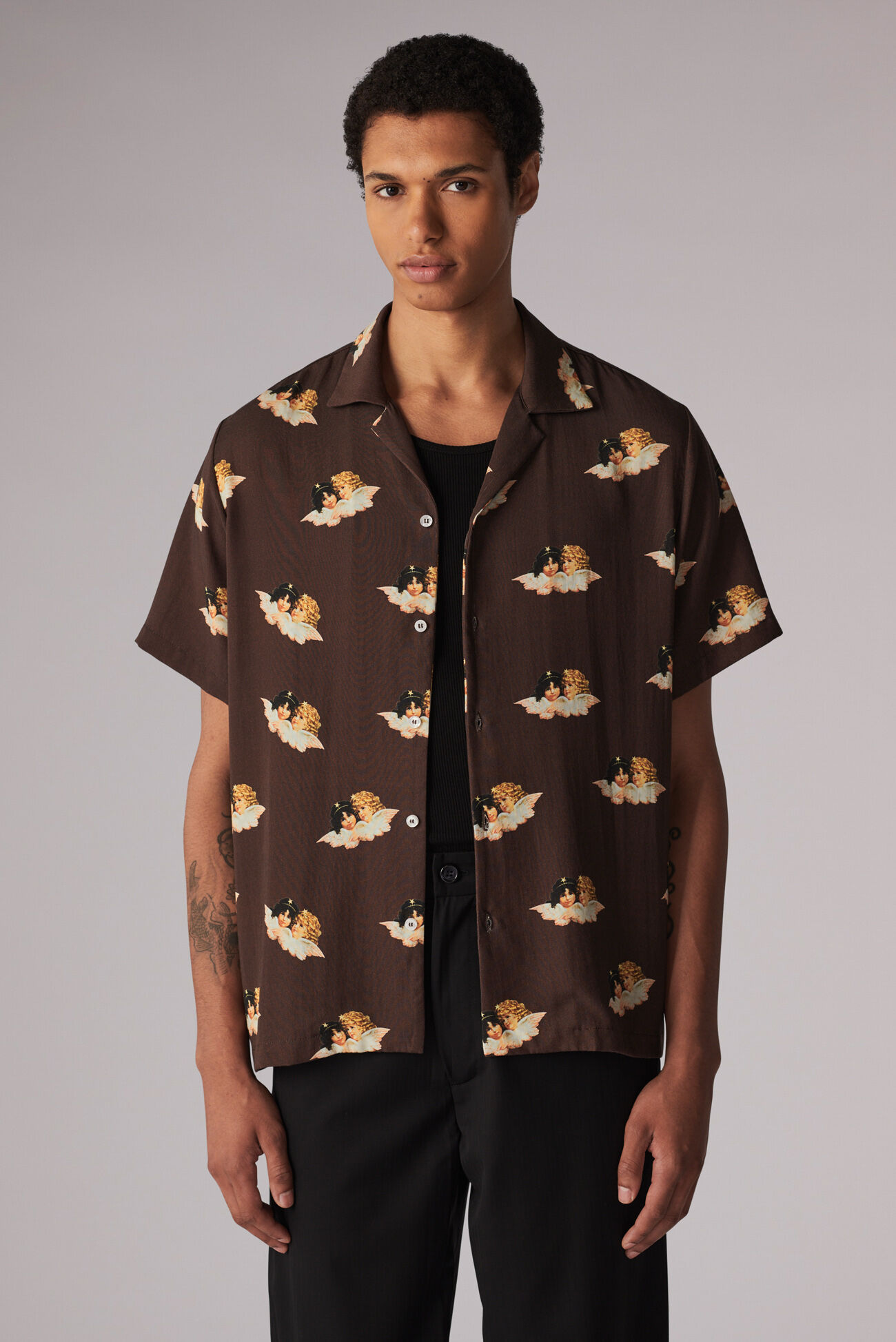 All Over Angels Bowling Shirt Brown