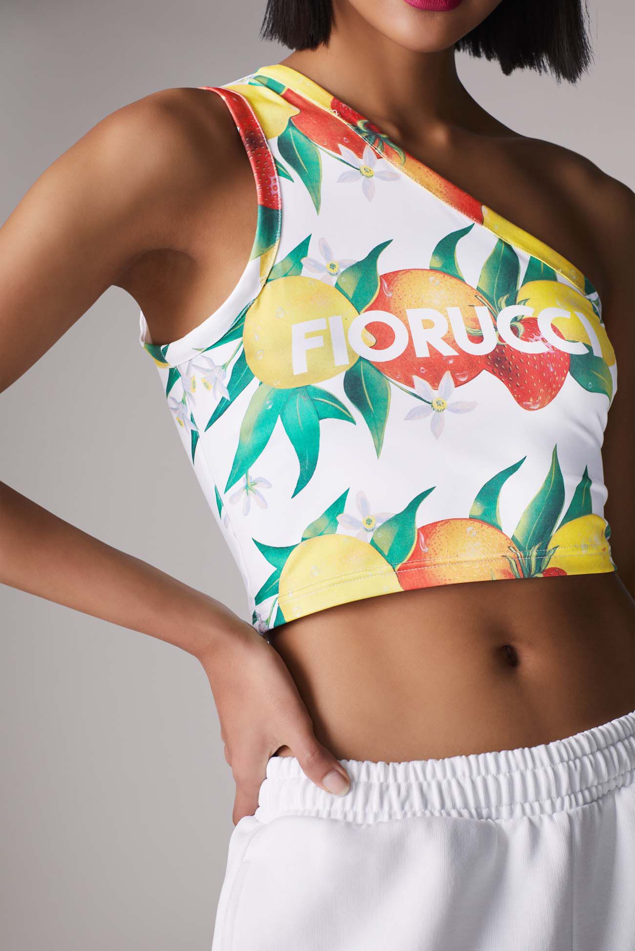 Fruity Print One Shoulder Crop Top White