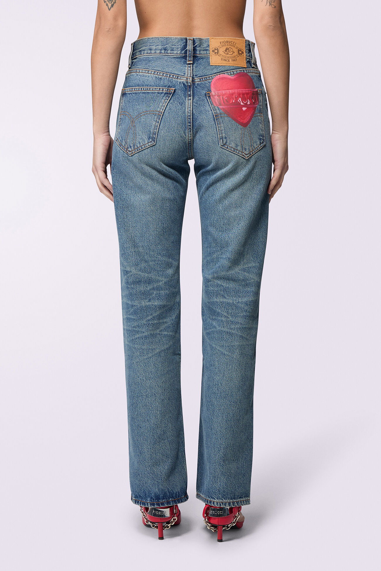 Unisex Heart Graphic Straight Fit Jeans Mid Blue