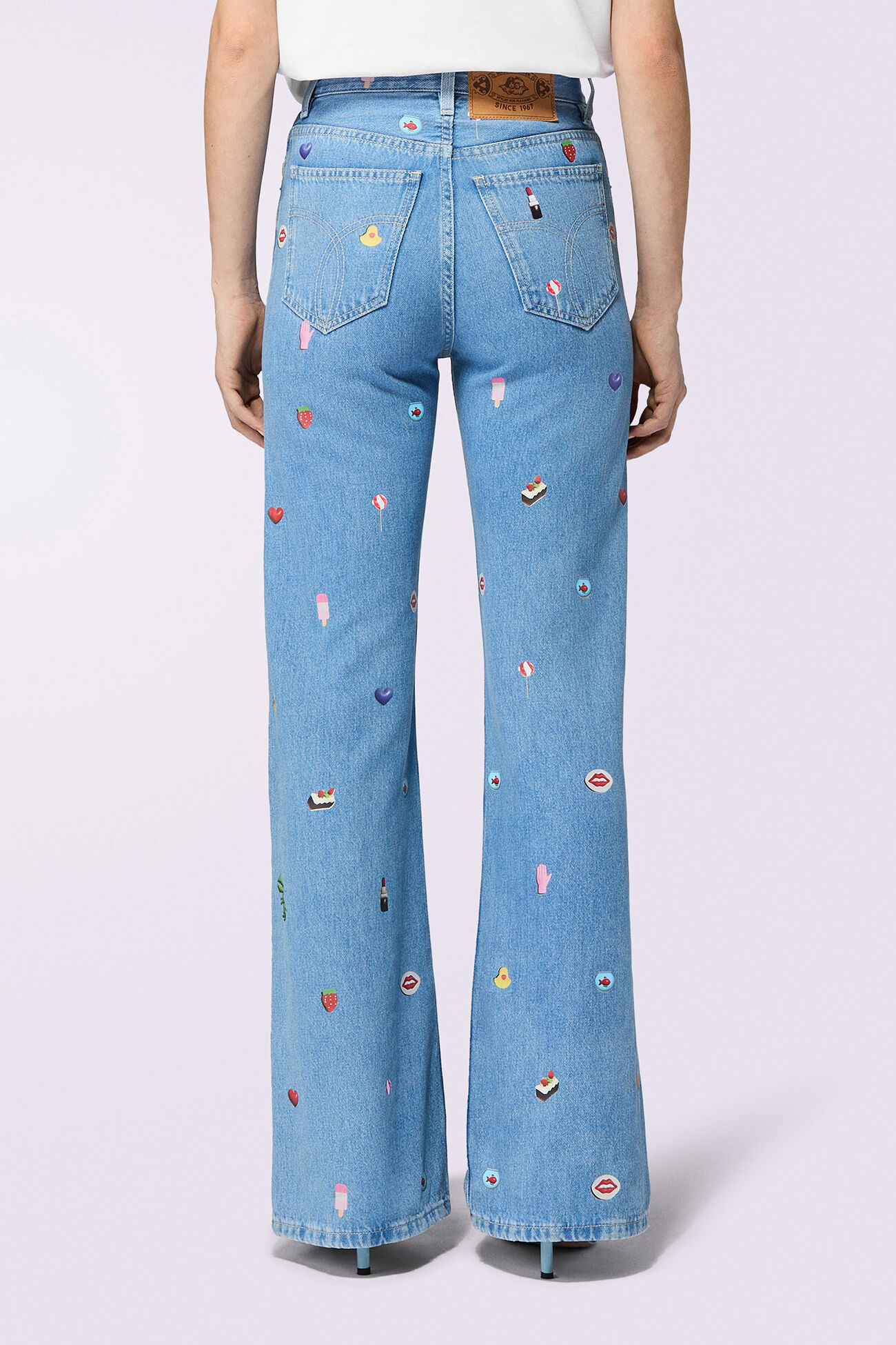 Charm Print Wide Leg Jeans Baby Blue