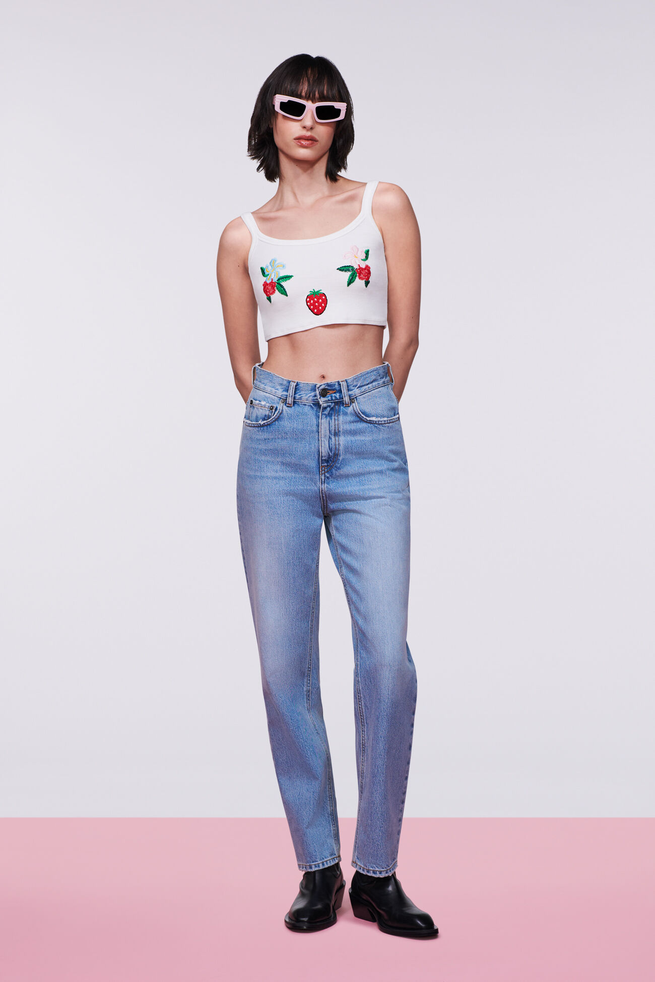 Embroidered Crop Tank Top White
